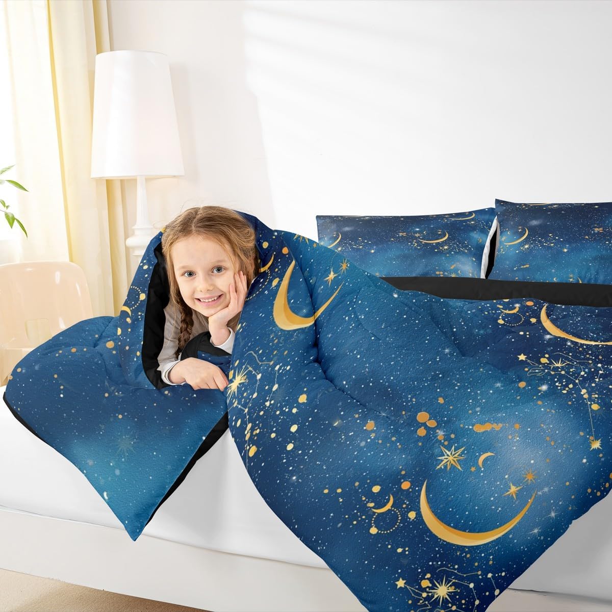 Gold Stars Moon Comforter Set Queen Size,Galaxy Constellation Bedding Set 3Pcs for Kids Girls Boys Adult Room Decor,Navy Blue Tie Dye Quilt Set Fantasy Luxurious Duvet Insert,2 Pillowcases