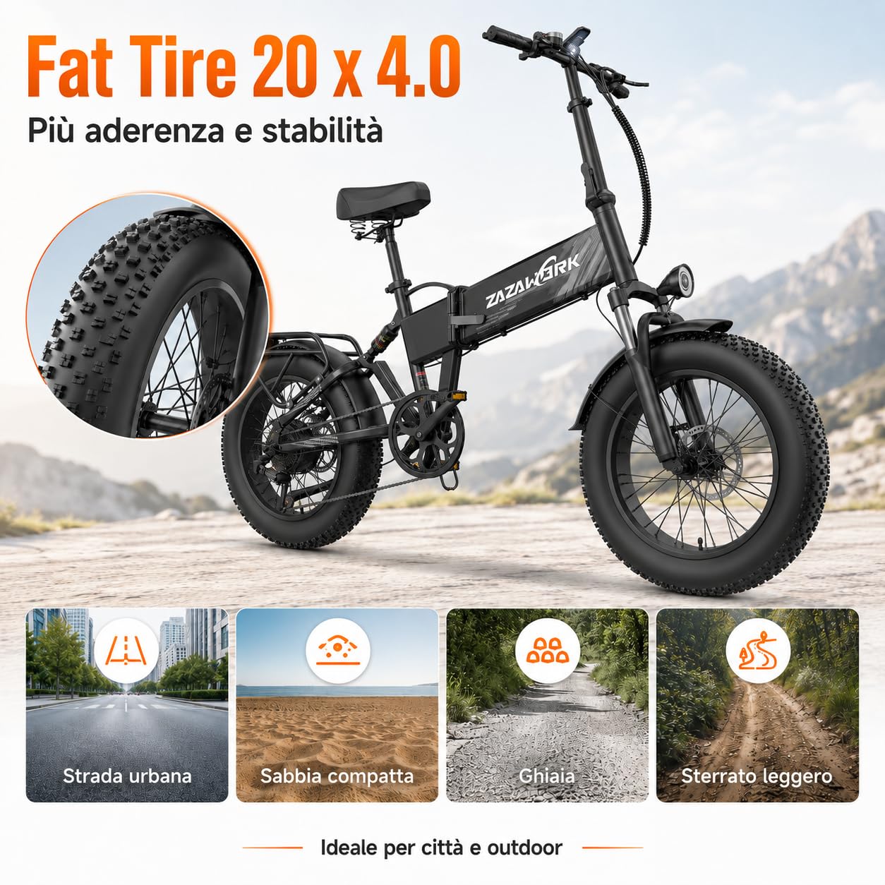 Bici Elettrica Pieghevole 20"×4.0" Fat Tire, Bicicletta Elettrica 48V 20Ah Batteria Rimovibile fino a 120 km 250W,60 Nm, 7 Velocità per Adulti, Freni Idraulici Doppia Sospensione per Ogni Terreno