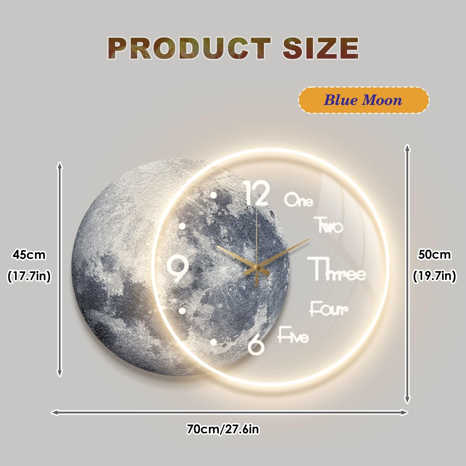 Orologio da parete decorativo a batteria, silenzioso, senza ticchettio, con grafica 3D di lusso e design artistico con motivo lunare, quadrante trasparente e luce LED, ideale per decorare casa, uffic