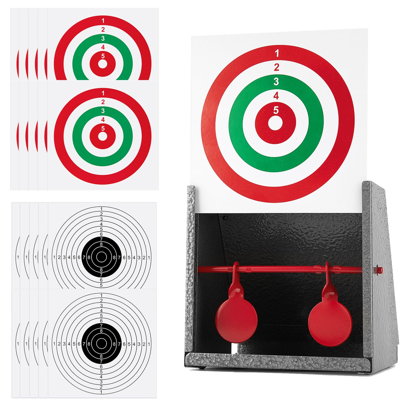 BB Gun Target Trap with Catch Box & 20 PCS Shooting Paper, Airsoft & Pellet Gun Shooting Catcher, with Spinning Metal Silhouettes Targets, for Backyard, Indoor - Small Size