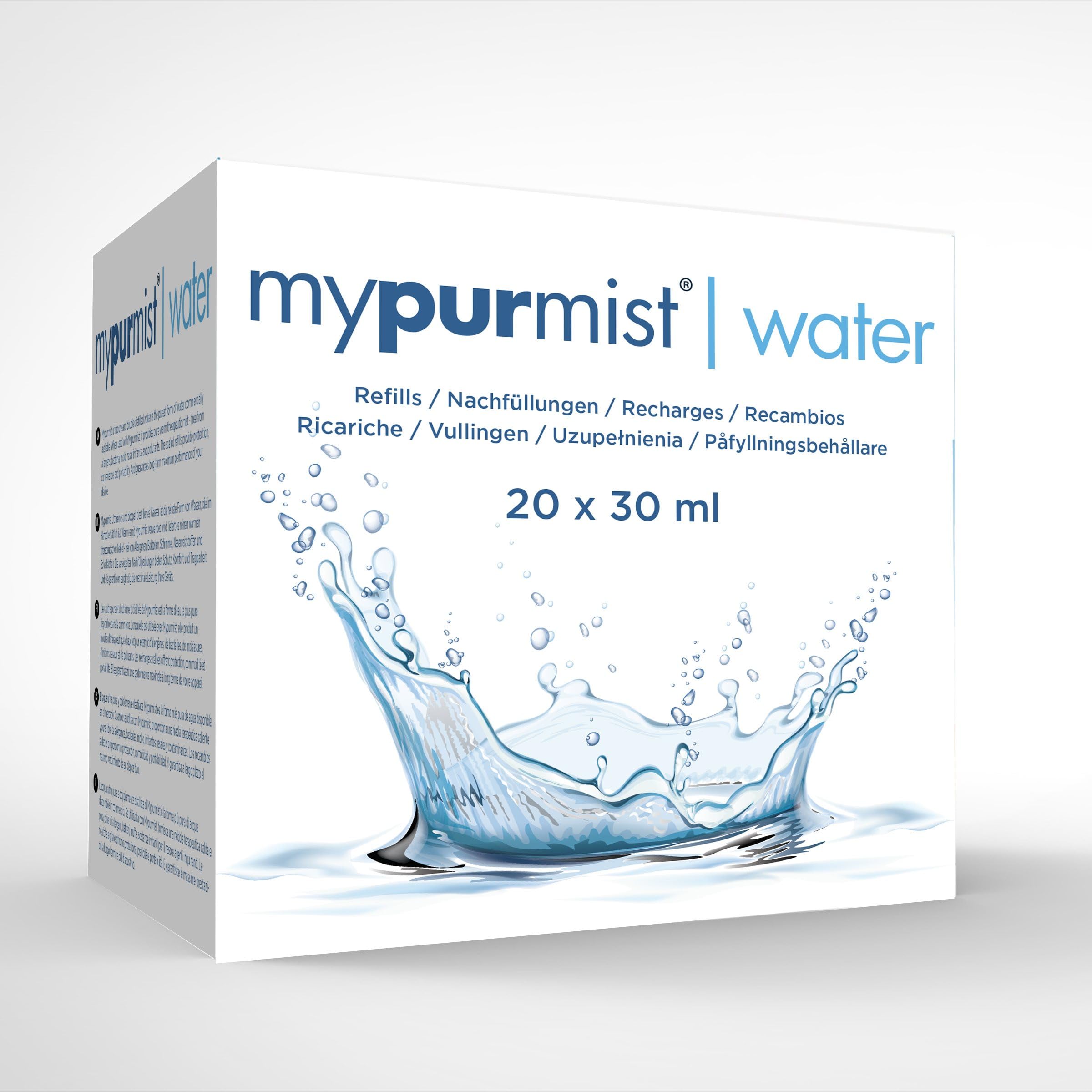 Mypurmist Eau Distillée Ultrapure - 20 Recharges, pour MyPurmist Inhalateurs, Vaporisateurs & Humidificateurs, Jusqu’à 100 Séances