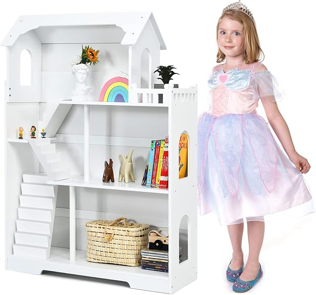 GYMAX 2-in-1 Kids Bookshelf, Wooden Children Bookcase & Dollhouse with 3 Removable Stairs and 2 Columns, 3-Tier Toy Storage Rack for Child's Room