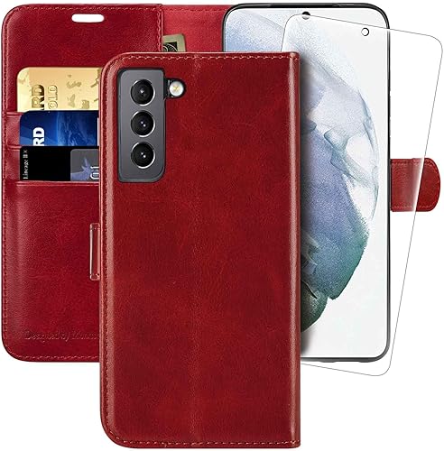 MONASAY Funda tipo cartera compatible con Galaxy S21 5G, 6.2 pulgadas, protector de pantalla incluido, bloqueo RFID, funda de piel con tarjetero y