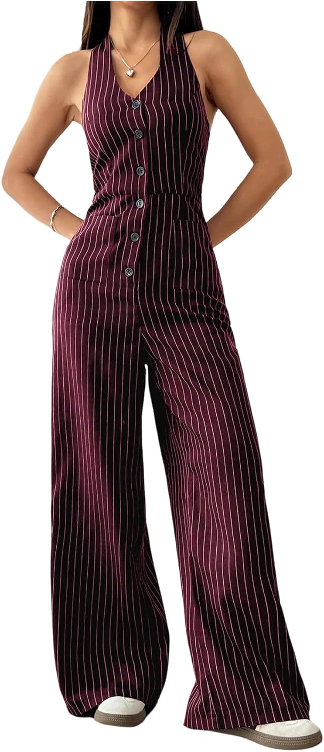 Verdusa Women's Striped Button Down Halter Jumpsuits Sleeveless High Waisted Straight Leg One Piece Dressy Rompers