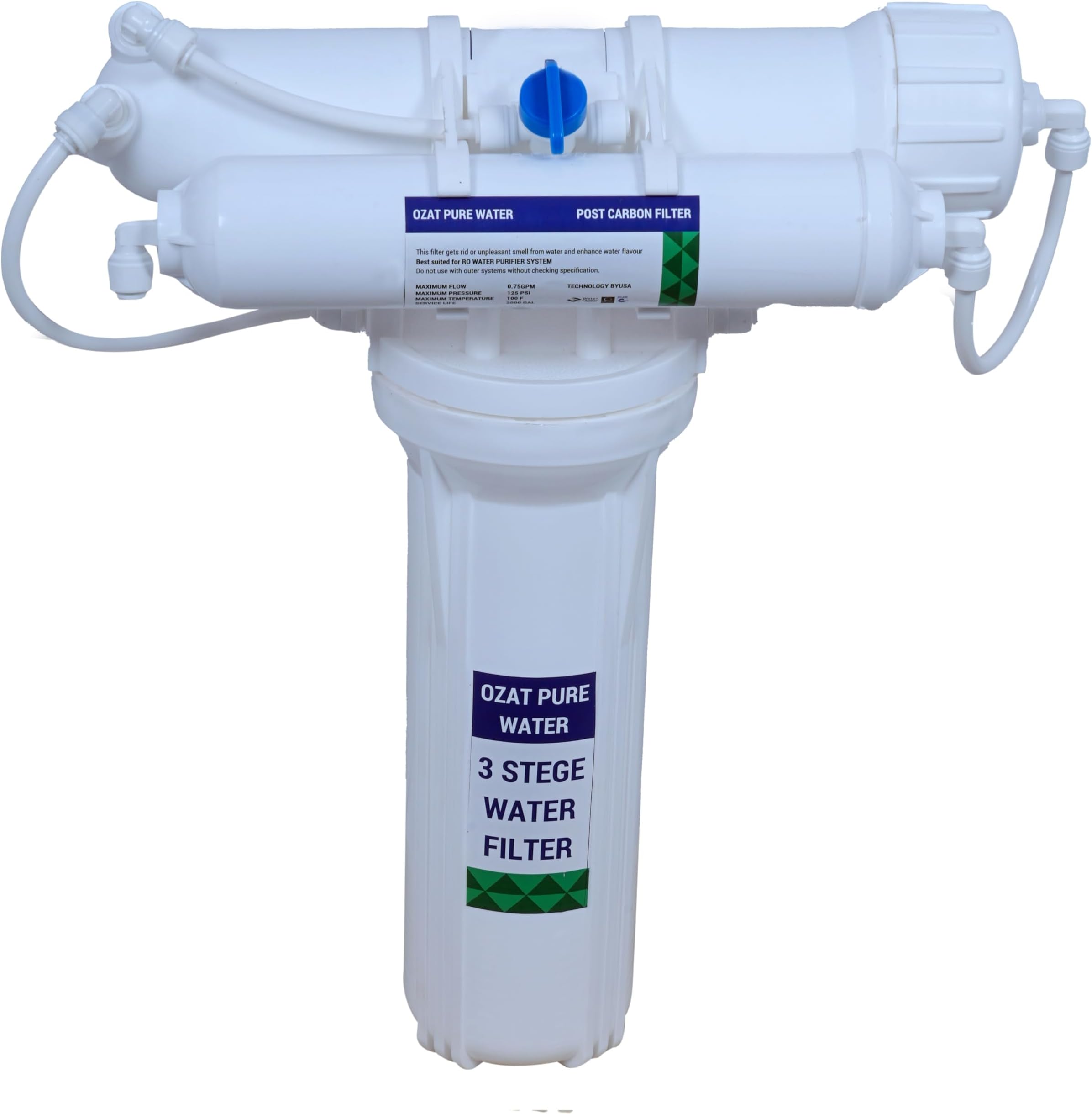 Non-Electric 3-Stage Water Purifier Kit. Stage 1: 5 Micron PP Filter Stage 2: 0.1 Micron UF Membrane Stage 3: 8” Post Carbon Filter No RO, No TDS Reduction