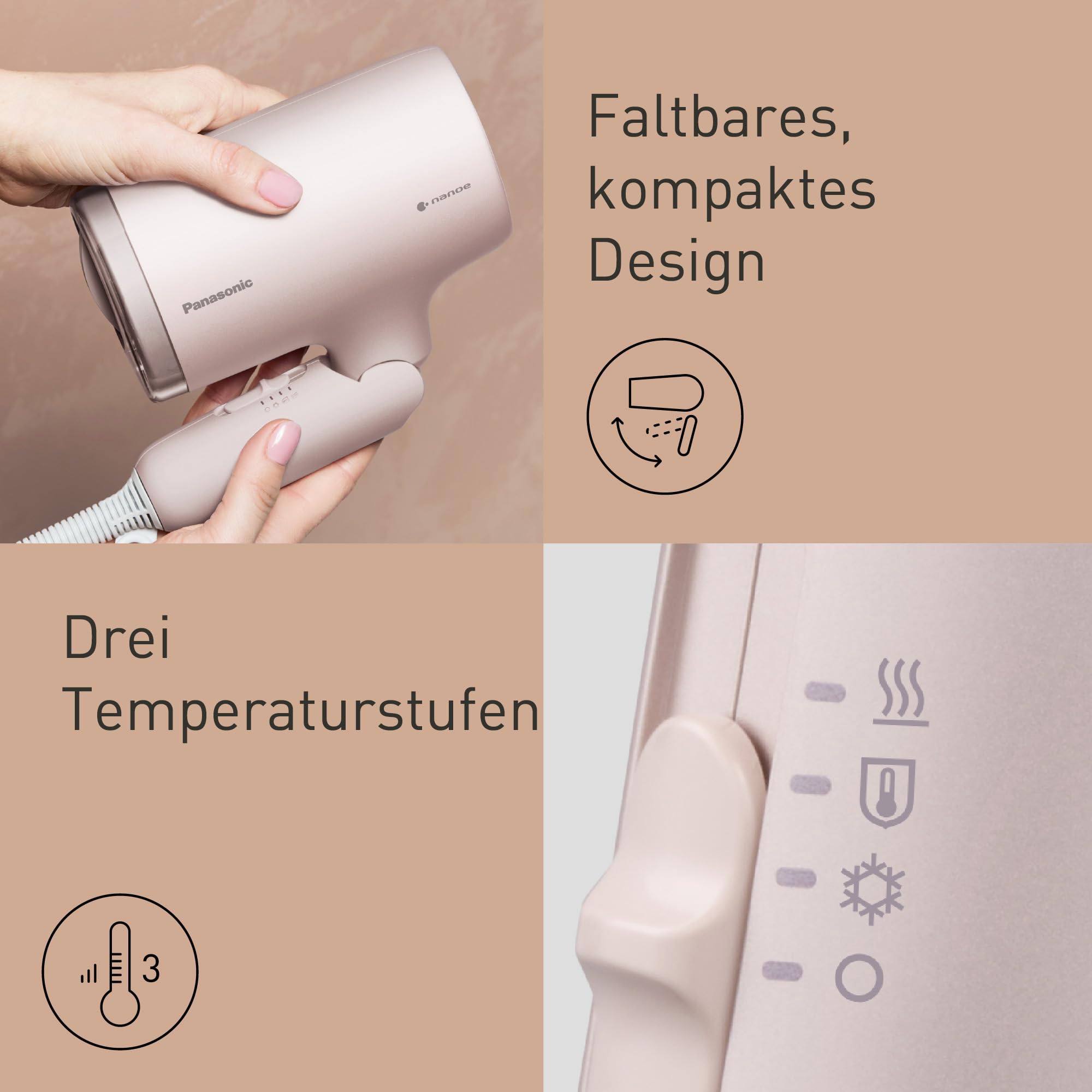 Panasonic EH-NA7M-P825 nanoe Haartrockner für glänzendes Haar, faltbares Design, Schnelltrocknen, Konzentrator-Aufsatz, 1600 W, Hellrosa