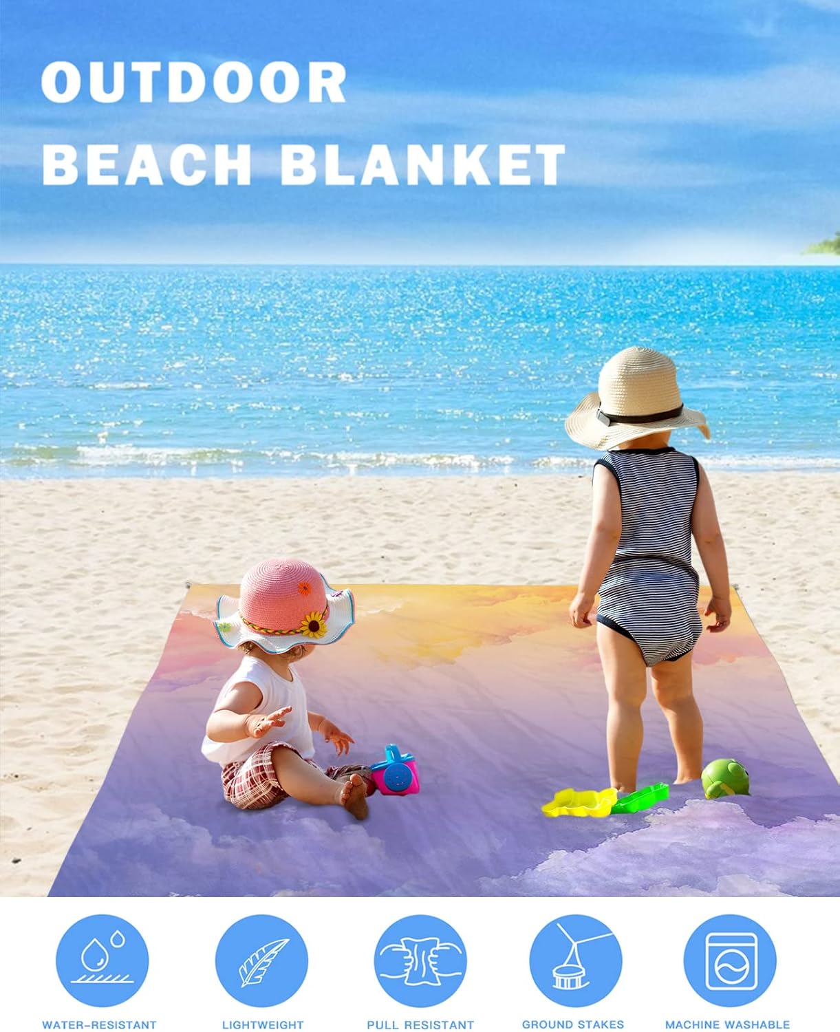Beach Blanket, Colorful Clouds Sky Sandproof Beach Mat 108"x84" Outdoor Picnic Blankets Sunset Natural Landscape Portable Picnic Mats for Vacation, Travel, Camping, Hiking