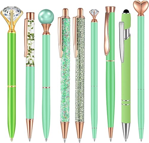 Juego de 9 bolígrafos de metal con diamantes de cristal bolígrafo de arena líquida purpurina para diario tinta negra retráctil purpurina de cristal