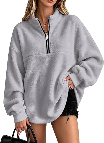 Quarter Zip Pullover Women Oversized Flannel Sweatshirt Fashion Clothing