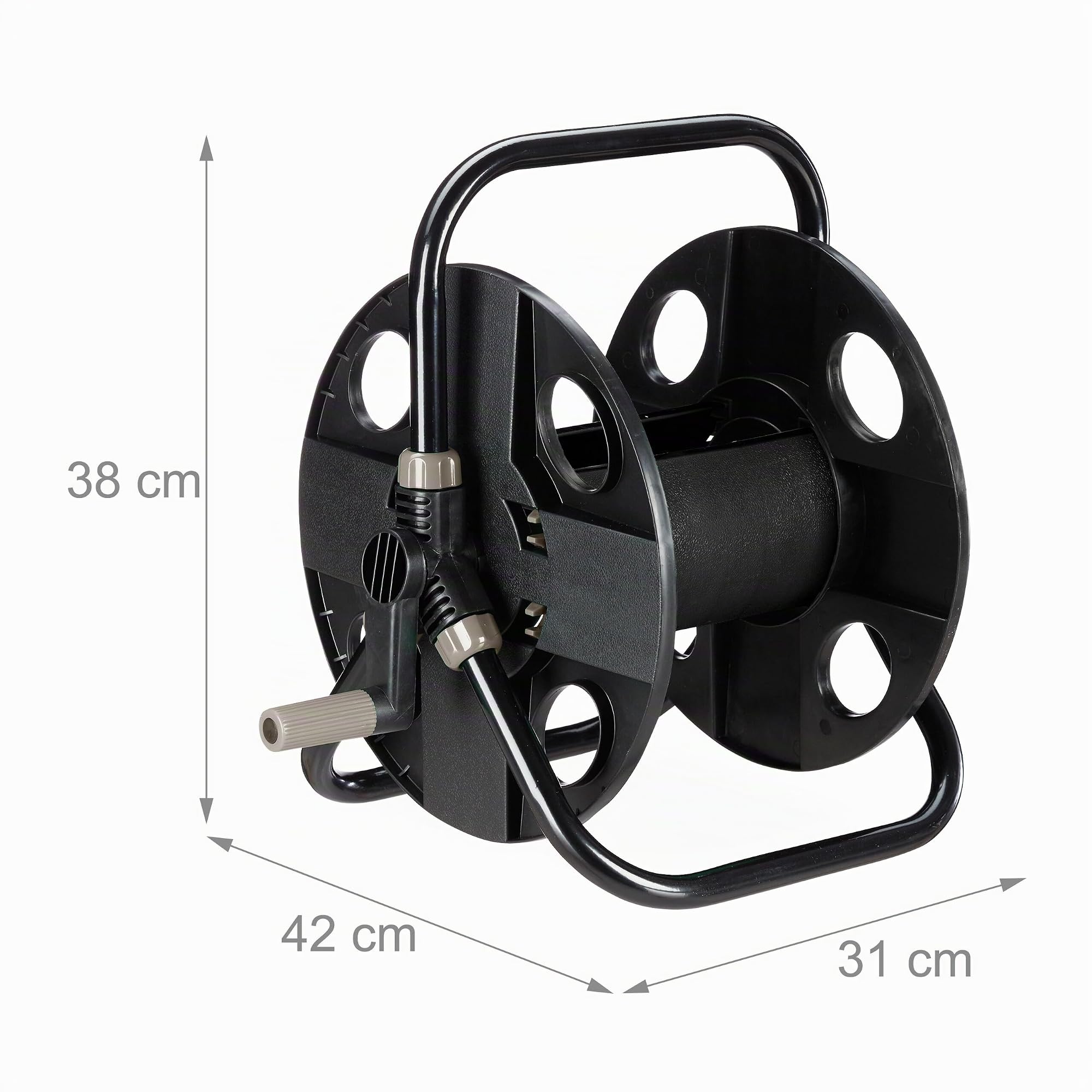 Relaxdays Dévidoir, pour Tuyau de 30 m 1/2", Acier, Plastique, Support, HxLxP : 38 x 42 x 31 cm, Noir - Gris