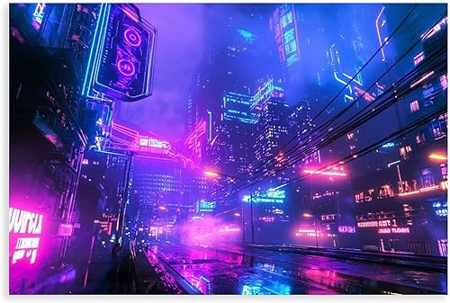 ZMLIS Cyberpunk Urban Subculture Wall Art  Futuristic Neon City Poster  Edgy Retro-Futuristic Home Decor Canvas Poster Bedroom Decor Sports