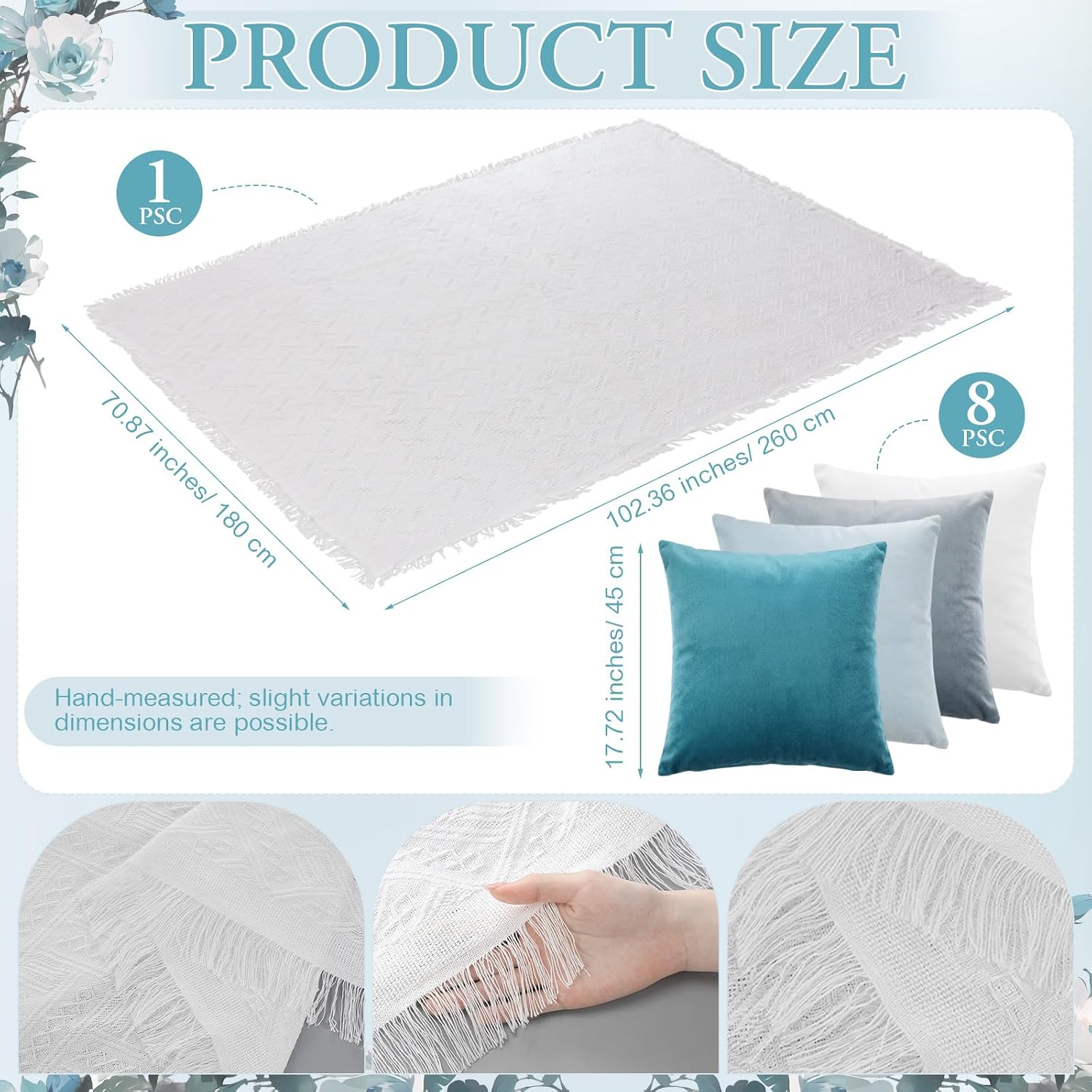 Moukeren 10 Pcs 71''x102'' Extra Large White Outdoor Boho Picnic Blanket with Table Runner 8 Blue Throw Pillow Cover Oversized Washable Portable Beach Blanket for Valentine Picnic Camp Lawn Wedding