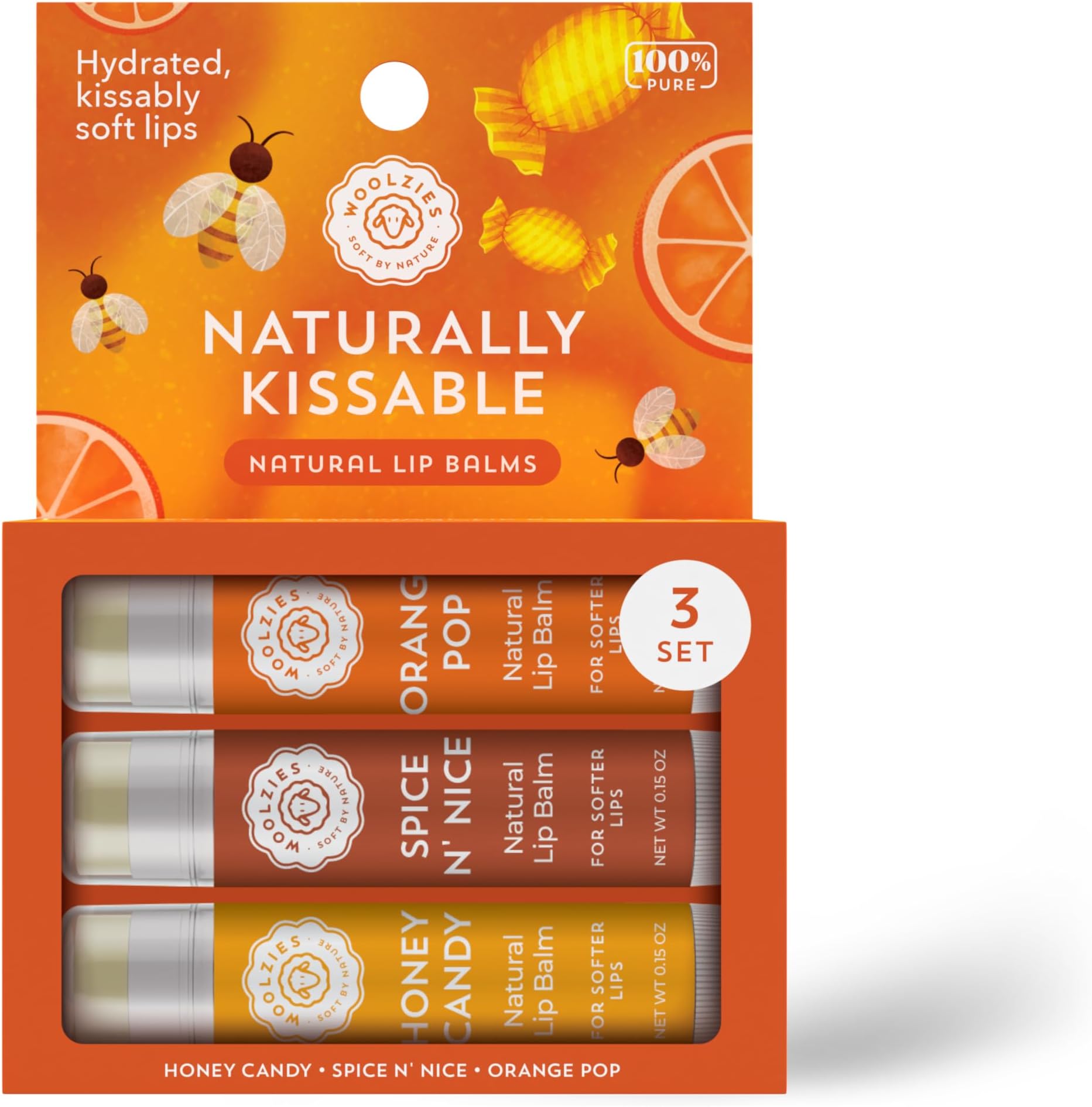 Lip Balm Set: All-Natural Shea Butter, Beeswax, Coconut Oil, Vitamin E Infused Lip Moisturizer Care (3 Pack, Naturally Kissable)