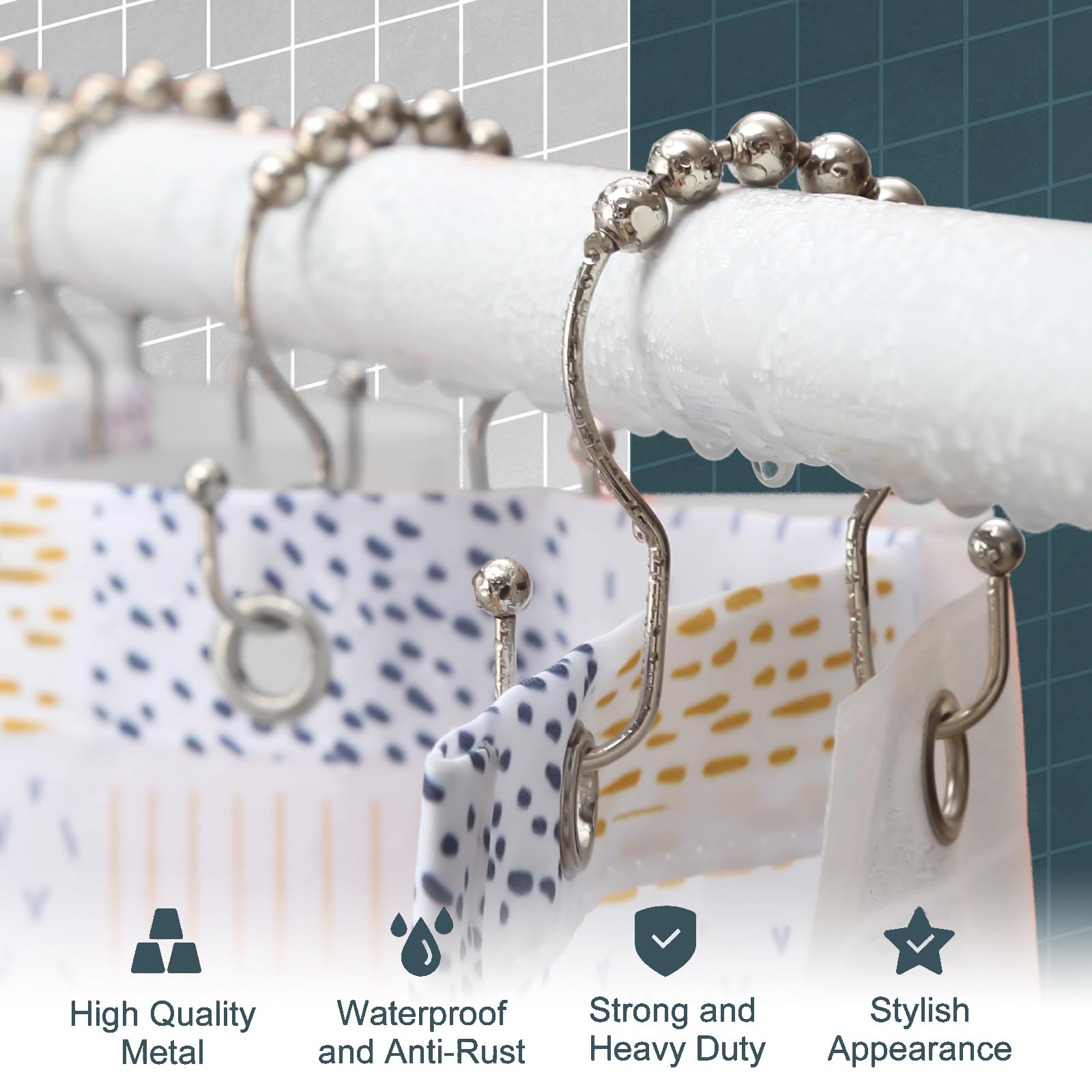 OEH – Lot de 12 crochets de rideau de douche en métal antirouille, crochets de rideau de douche en métal antirouille, crochets doubles pour rideau de douche, nickel