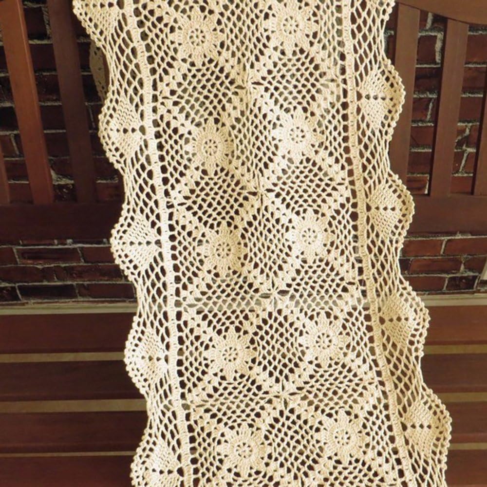 KEPSWET 14x60 inch Beige Cotton Crochet Lace Rectangular Table Runner Handmade Table Decoration