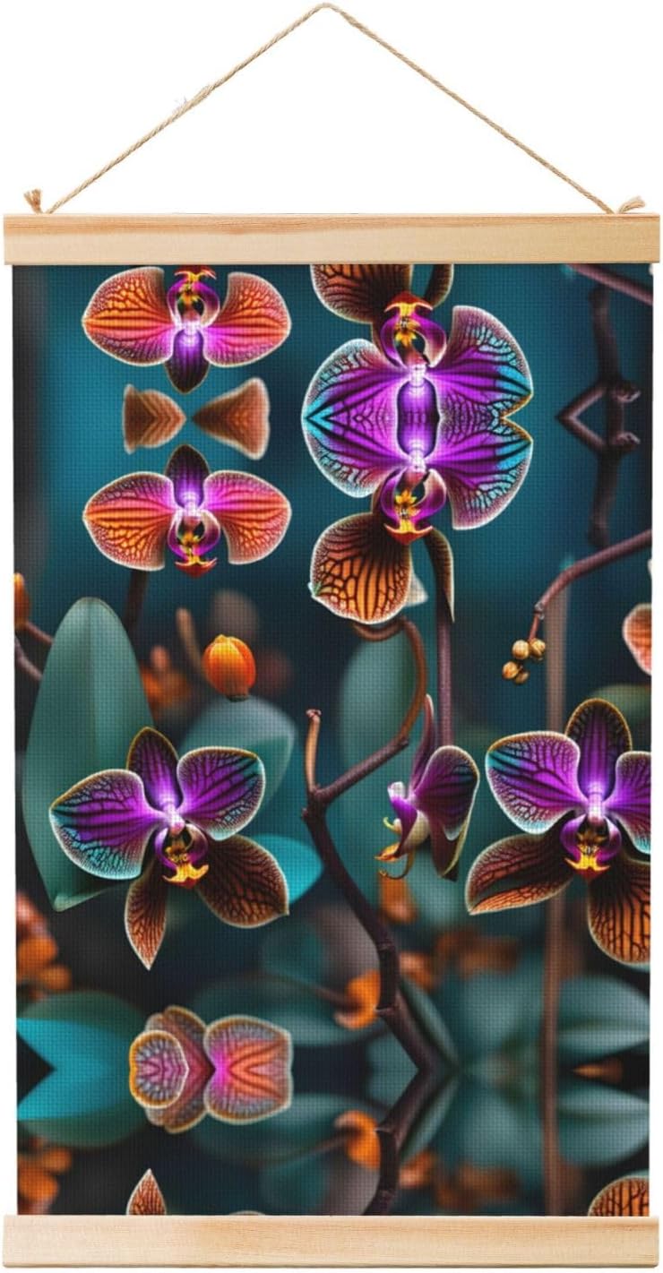 Teal And Orange Orchid Print Poster Hanger,Hanging Poster, Poster Frame,Wood Poster Hanger, For Wall Hanging