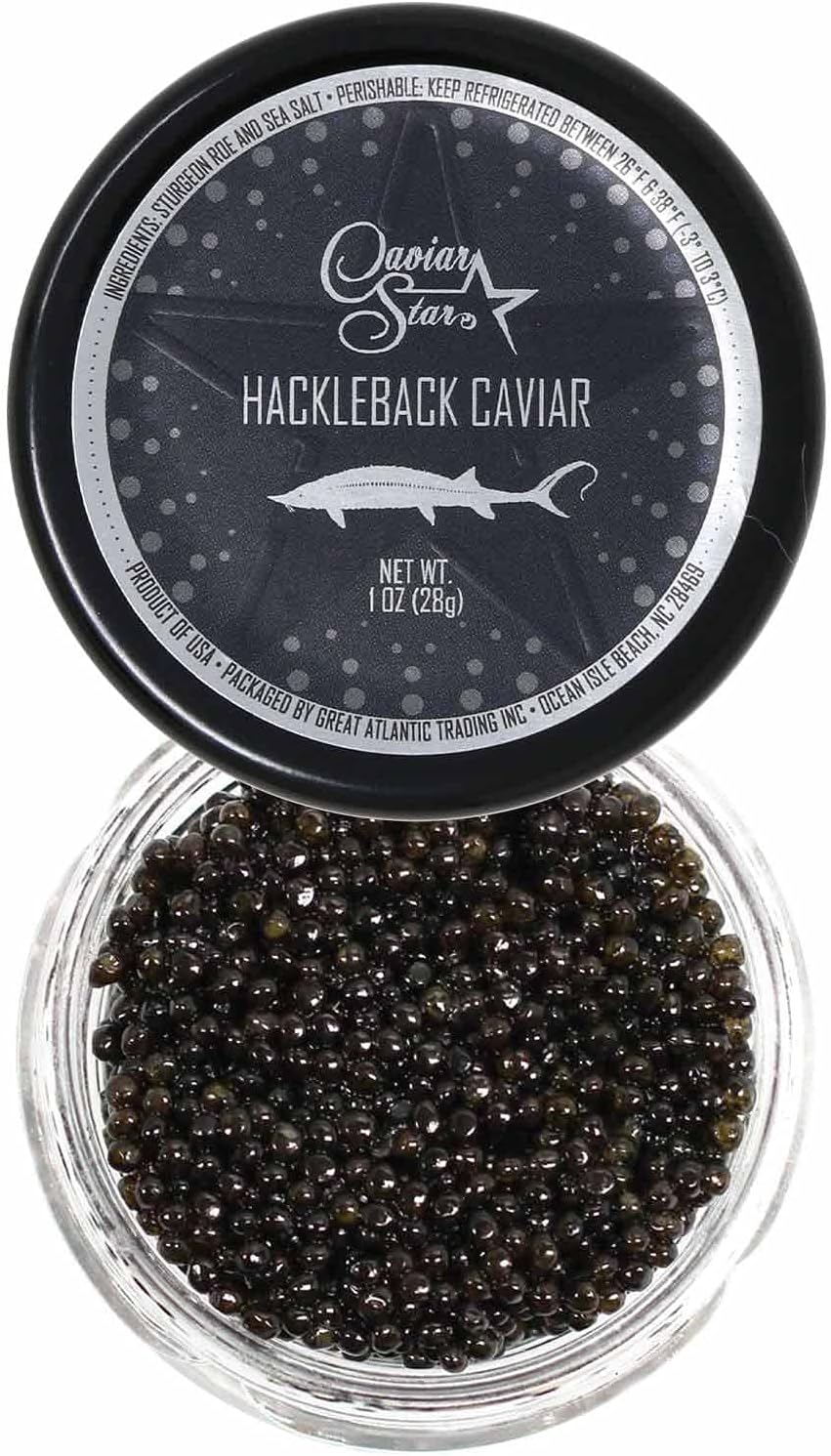 Caviar Star American Hackleback Sturgeon Caviar | Black Caviar Food | Fresh, Domestic Black Sturgeon Roe | Delicious Mild Flavor, Real Caviar Seafood | Ideal for Sushi and Whole Food Recipes (1 Oz)