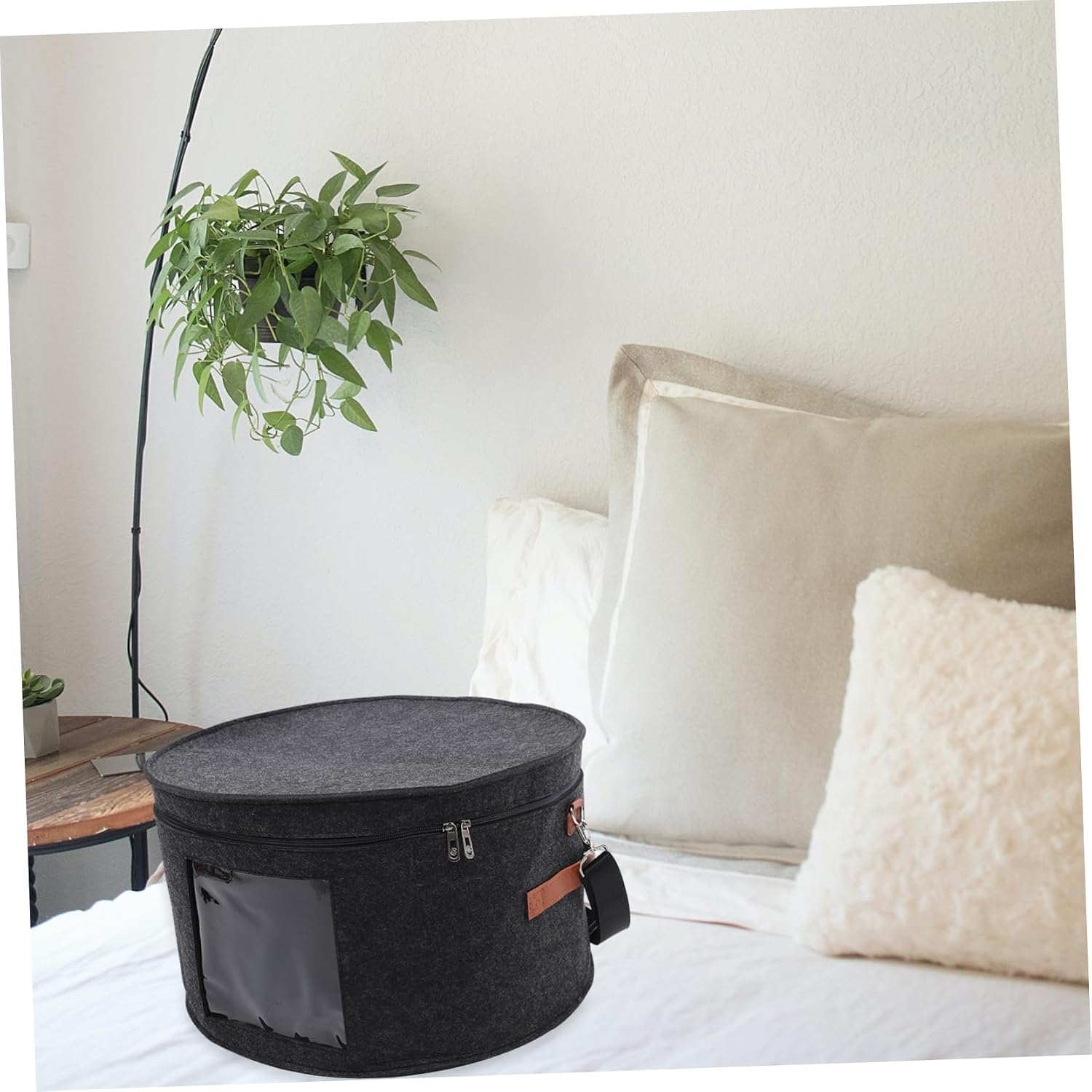 Round Hat Carrier Case Storage Box for Baseball Caps and Hats Felt Material Transparent Window for Travel and Home Organization Deep