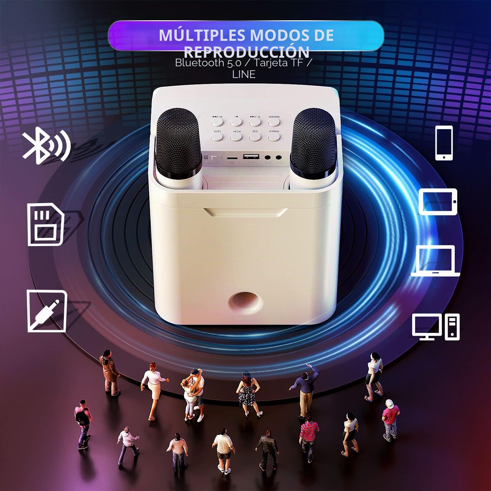 Karaoke Bluetooth con 2 Micrófonos Inalámbricos, Karaoke Profesional Completa con Luz LED, Altavoz de Karaoke con USB/Tarjeta TF/AUX, Sistema de Sonido Regalos para Fiestas y Canto (White)