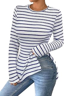 Womens Long Sleeve Casual Colorblock Striped T-Shirt with Side Slit Blouse for Spring, Fall, Winter