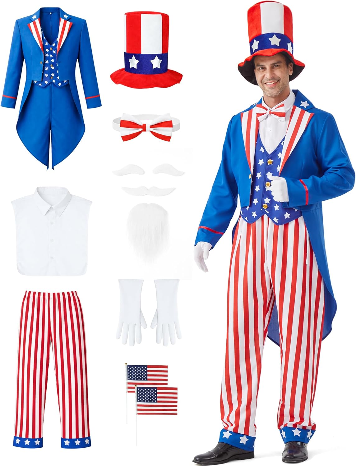 Uncle Sam Costume Adult Men American 9PCS Deluxe Independence Day Suit 4th of July Outfits Patriotic Cosplay