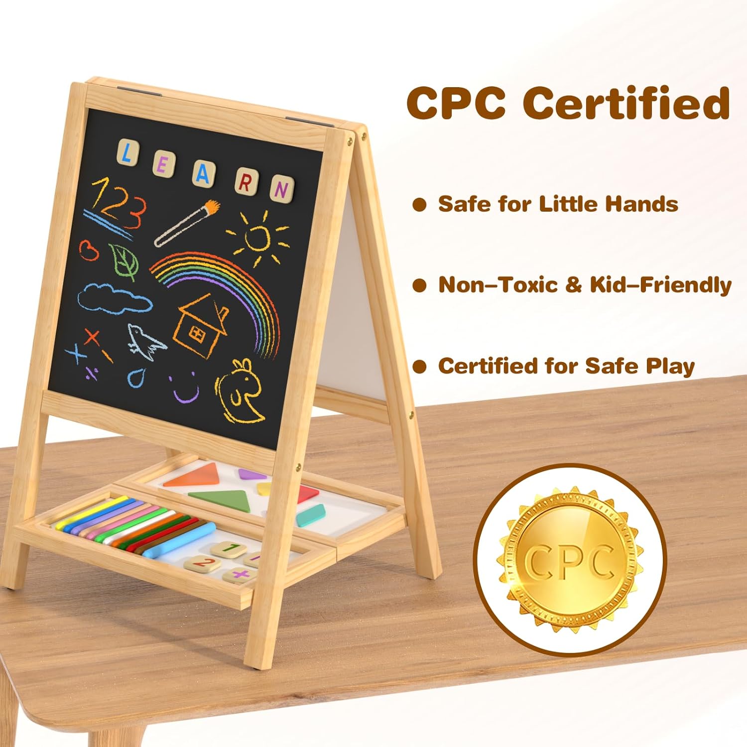 Kids Easel Wooden Art Easel for Kids, Tabletop Magnetic Drawing Board with Dual Chalkboard & Whiteboard, Foldable No-Assembly Design, Art Set with 54 Magnetic Letters & Numbers and Dustless Chalk