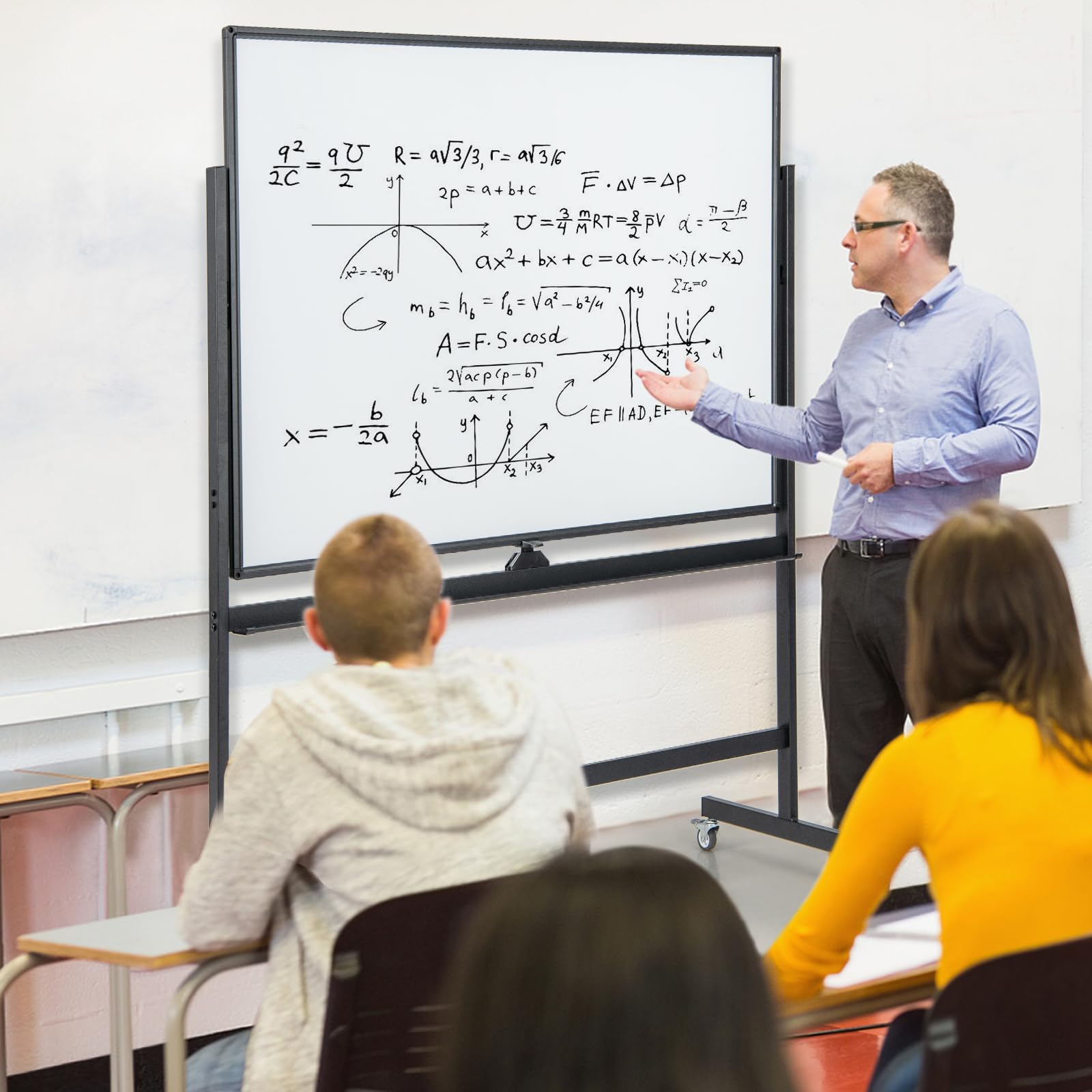 FANTASK Doppelseitiges mobiles Whiteboard, 120 x 90 cm, Trocken abwischbares magnetisches Whiteboard mit Gittermuster, Rollen, Ständer und Stiftablage, inkl. Zubehör für Büro, Zuhause (Schwarz)