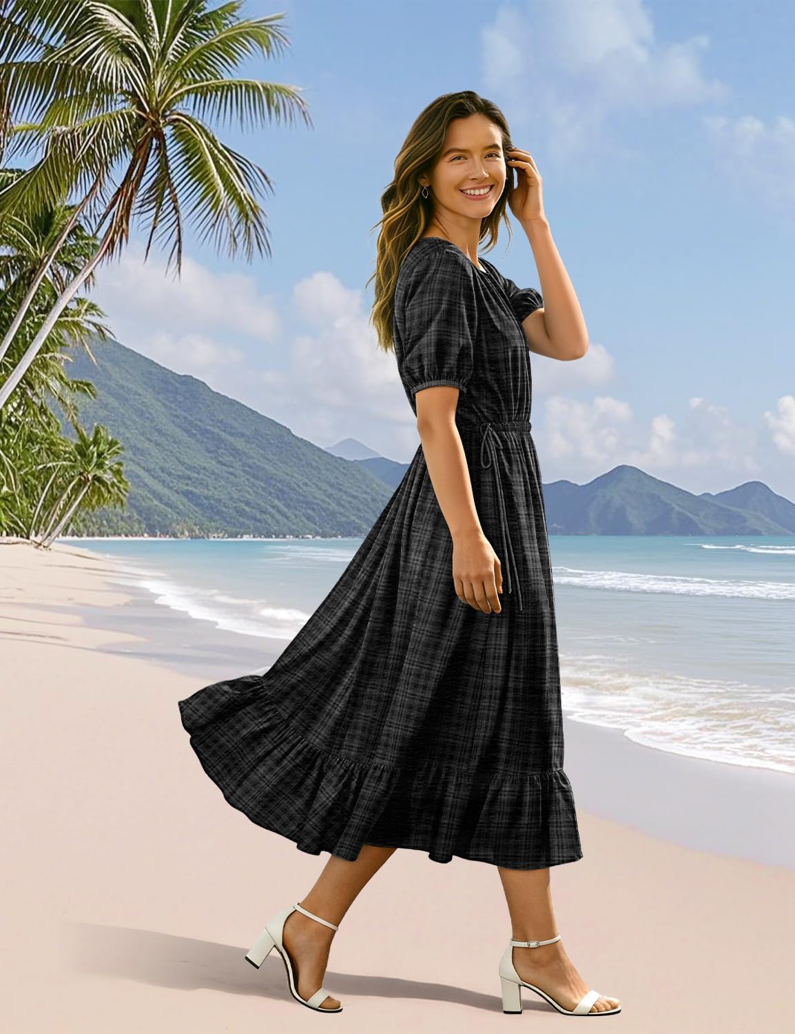 YESNO Women's Summer Floral Maxi Dresses Boho Puff Sleeve Casual Drawstring Ruffle Tiered Hem Beach Dress with Pockets ECS - Image 4