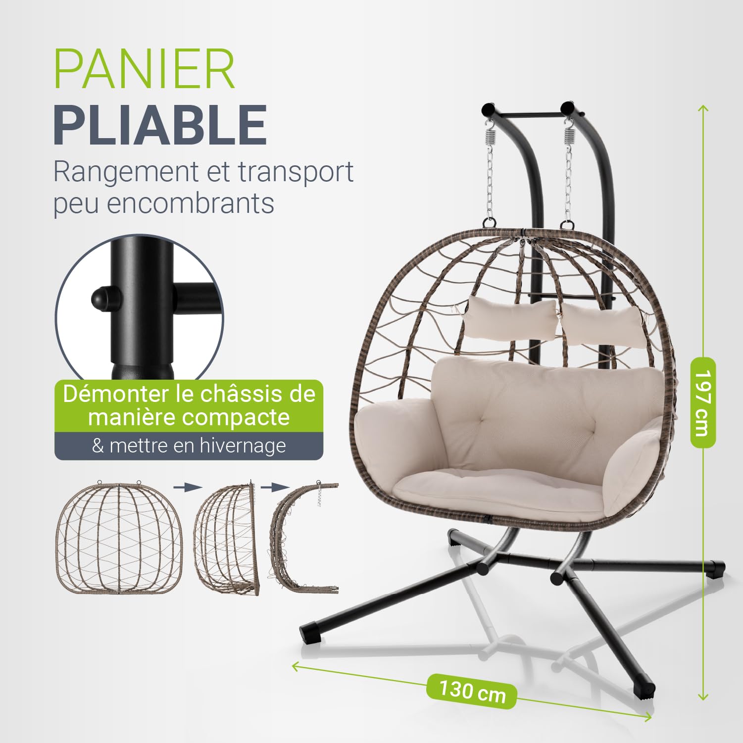 Fauteuil Suspendu Double Aria de Juskys - Fauteuil Suspendu en polyrotin avec Support & Coussins - balancelle pour Deux Personnes - Fauteuil d'extérieur/d'intérieur - Panier XXL Beige