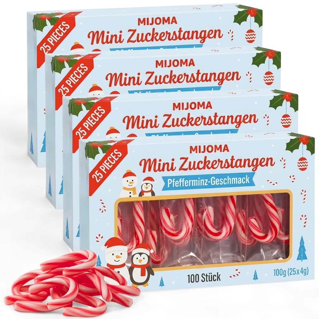 Zestaw 4 opakowań upominkowych na Boże Narodzenie z czerwono-białymi patyczkami cukrowymi Candy Canes o smaku truskawkowym, dekoracja bożonarodzeniowa, dekoracja choinkowa, 4 x 50 g, łącznie 40 sztuk