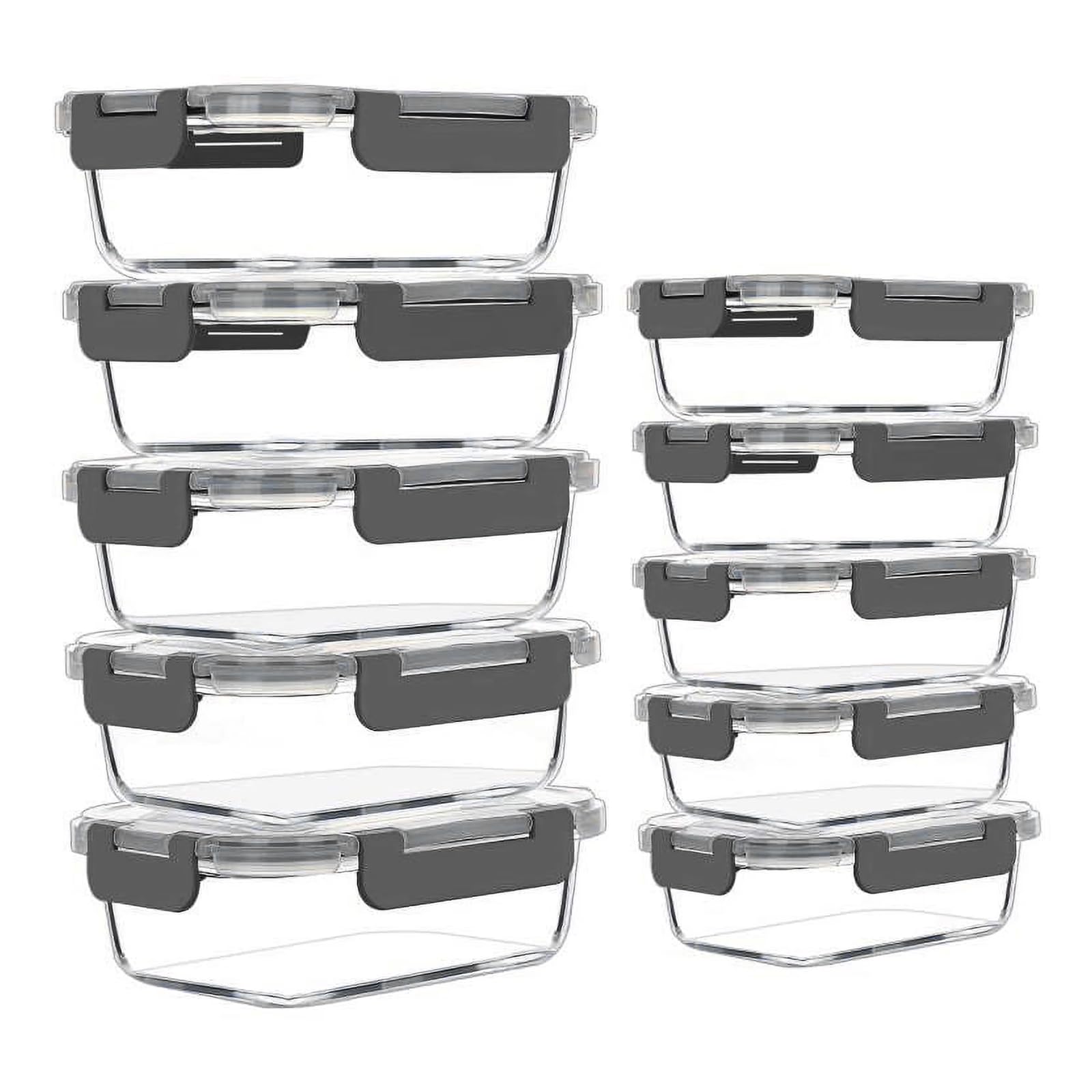 HLGND 10 Pack Airtight Glass Meal Prep Containers, Glass Food Storage Containers with Snap Locking Lids, Airtight Lunch Containers, Microwave, Oven, Freezer and Dishwasher, 1050ml & 370ml (Gray)