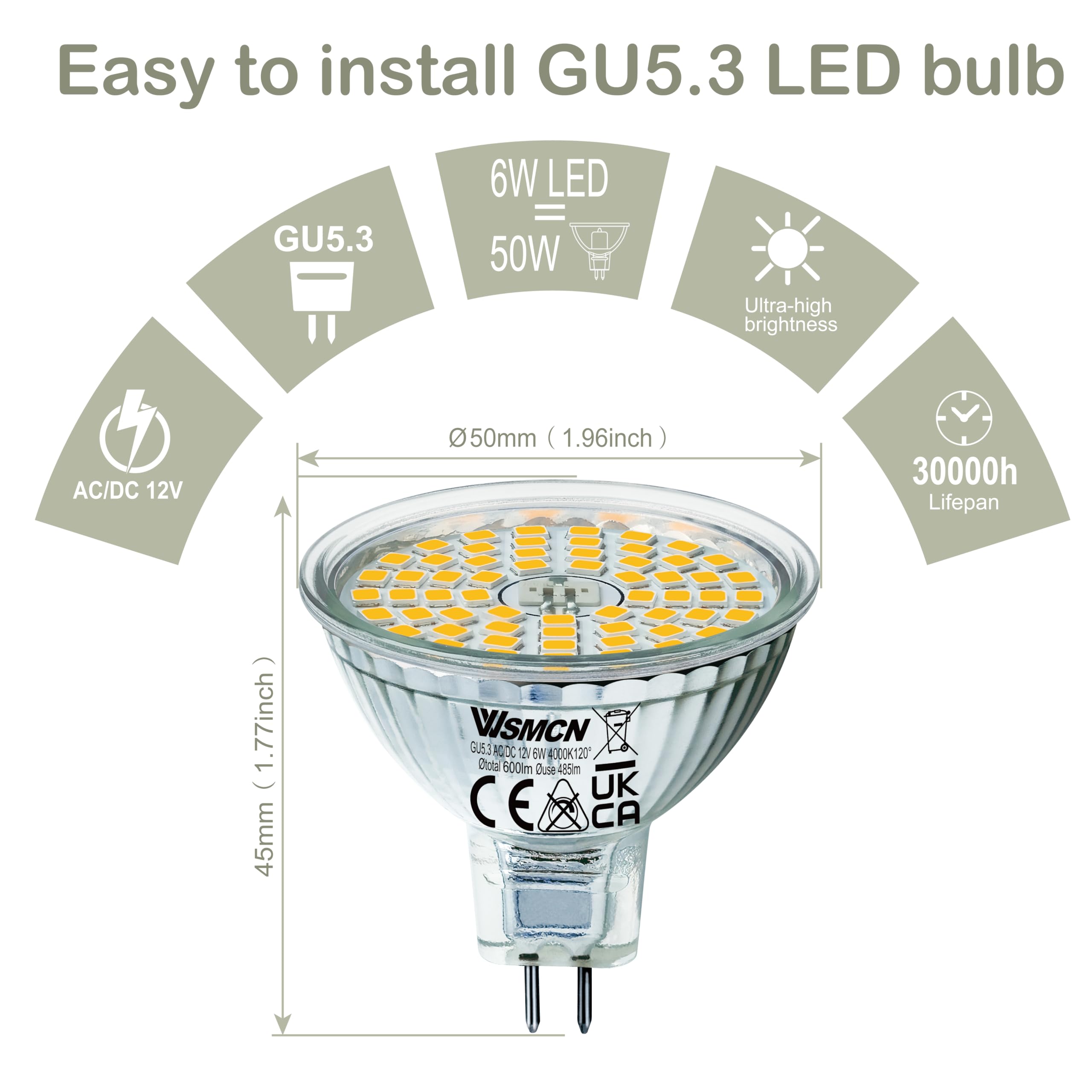 WSMCN MR16 GU5.3 LED Light Bulb 6W, Neutral White 4000K, 50W Halogen Spotlight Equivalent, Bi-Pin Base 12V 485LM - Image 3