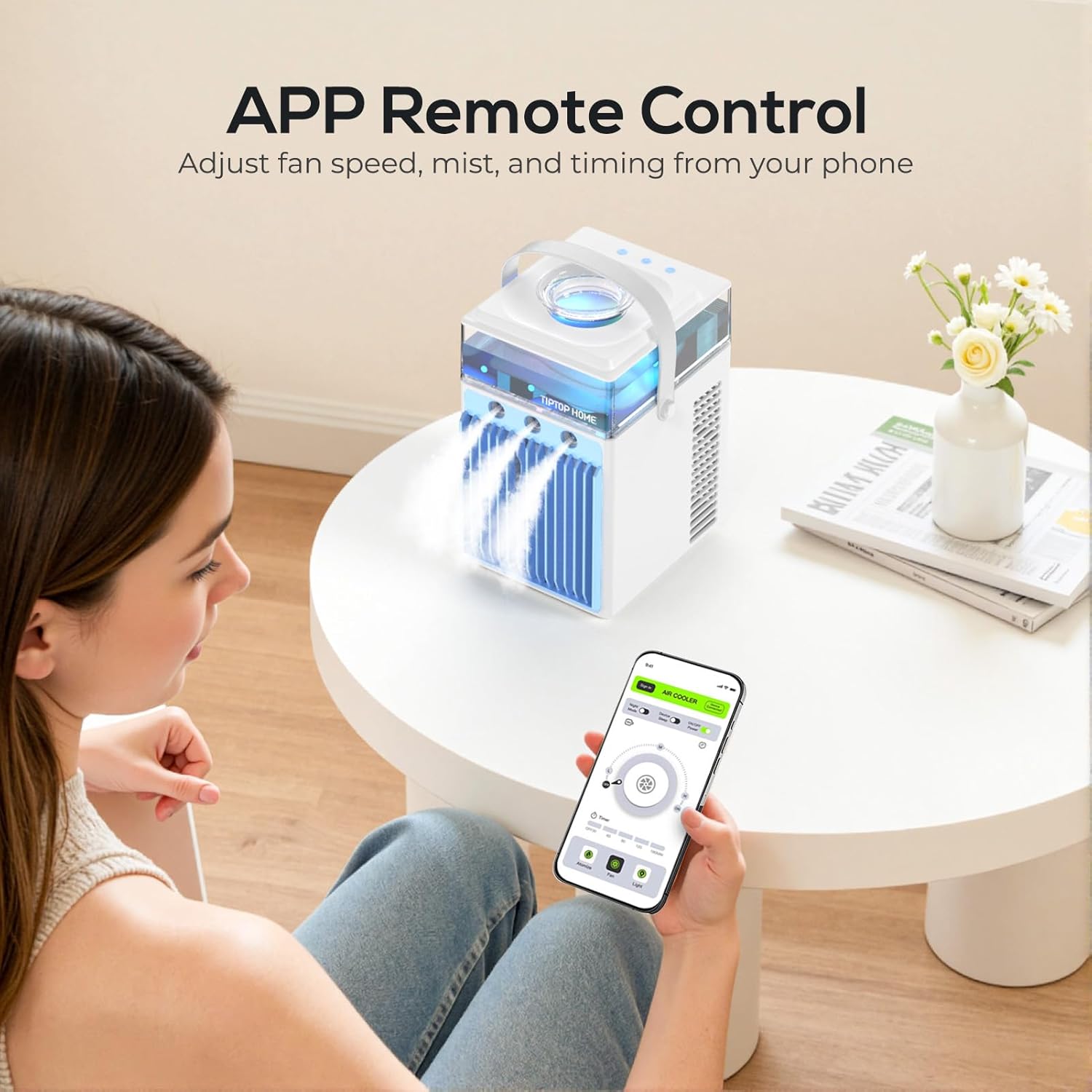 Portable Air Conditioners, 4-IN-1 Evaporative Air Cooler with App Control, 800ml Water Tank, Rechargeable Mini Air Conditioner, 3 Speeds & 3 Mist, Colorful Night Light Cooling Fan (White)