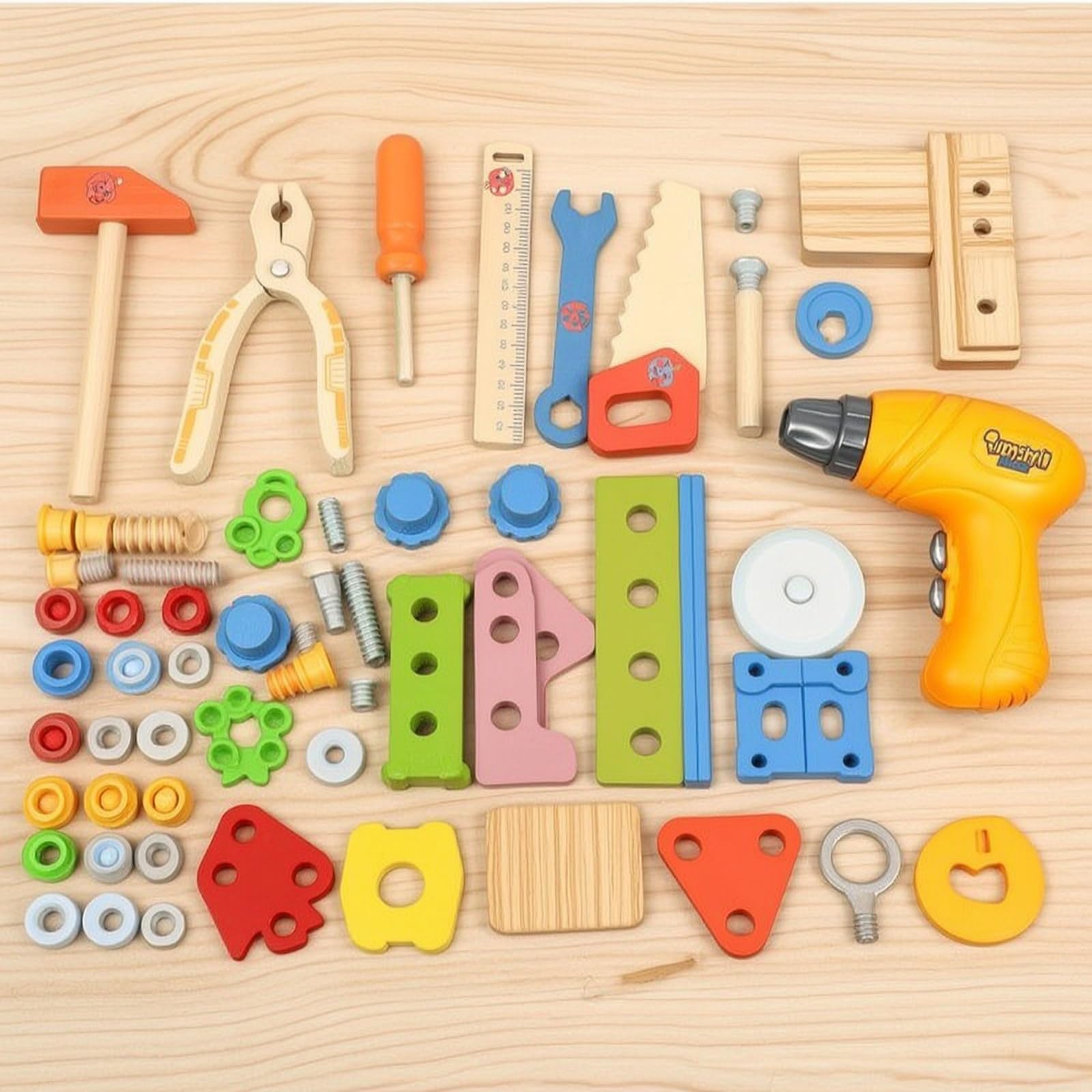 rockible Cassetta Degli Attrezzi per Bambini Kit Costruzione Ingranaggi Dadi Bulloni Martello Avvitatore Giocattolo in Legno E Plastica con Scomparti Ordinati