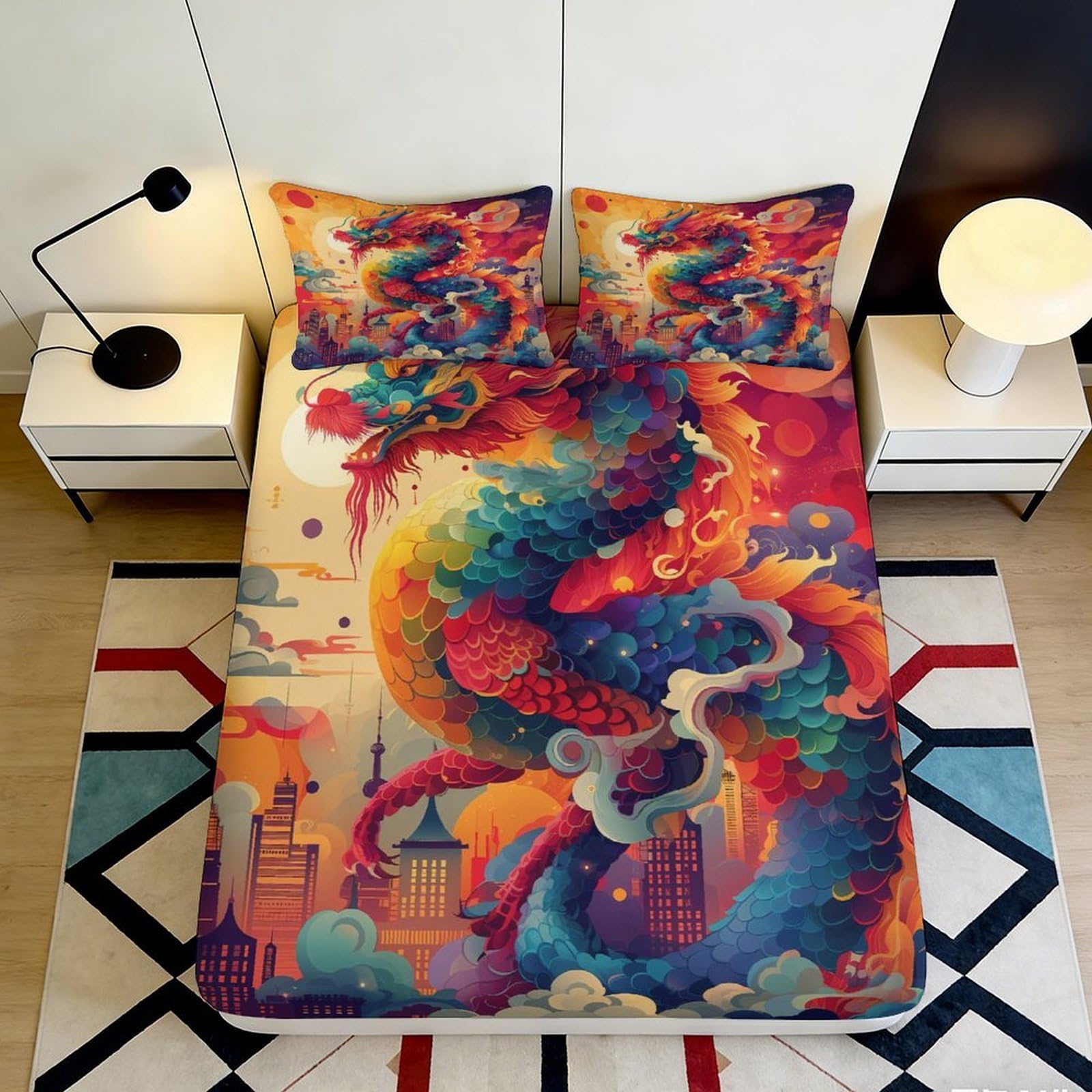 3D Printed Colorful Dragon Fitted Sheet Microfiber Artistic Fantasy City Bed Cover Anti-Slip Easy Care for Bedroom Dorm Home Decor 90x200x25cm
