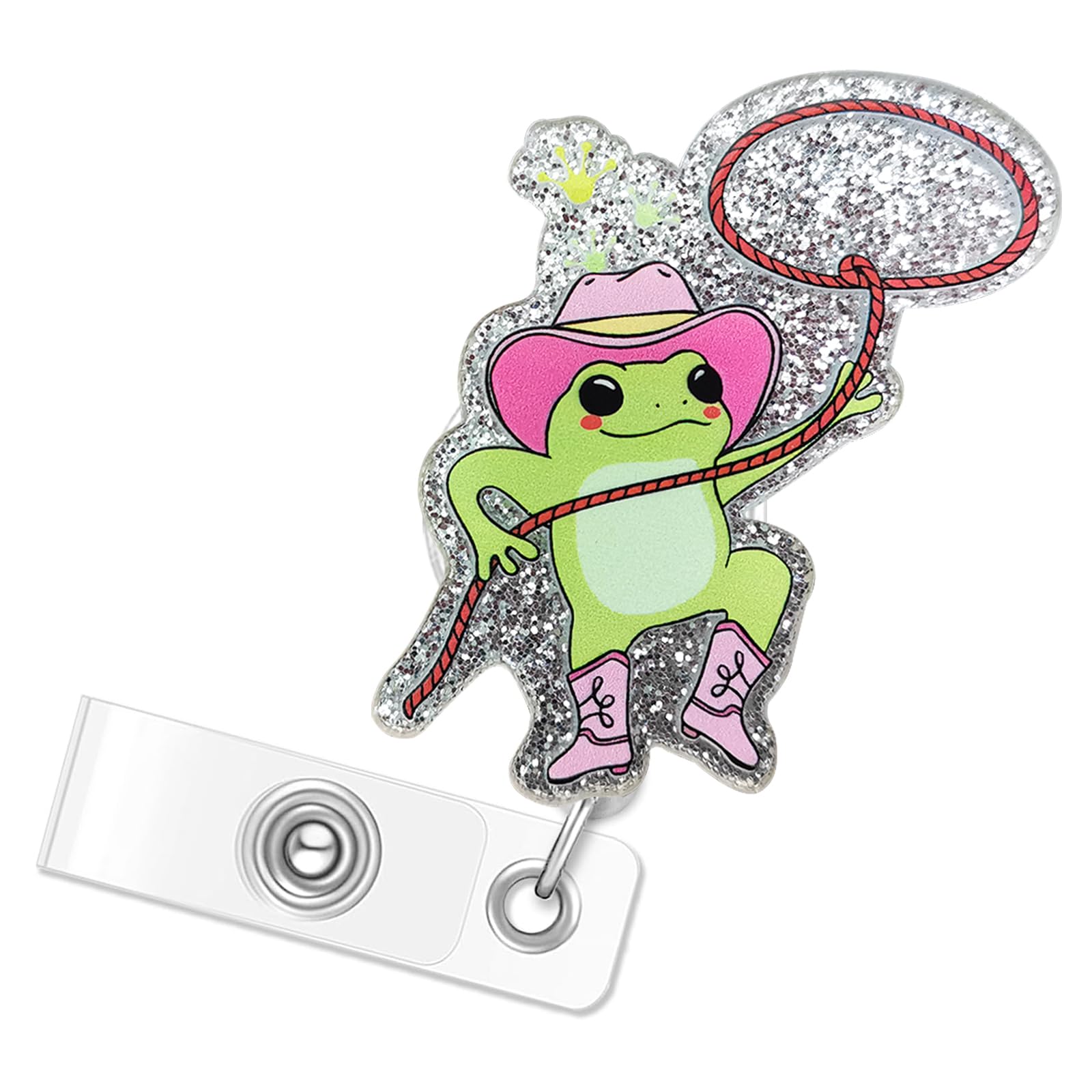 Pink Cowboy Frog Badge Reel, Funny Dancing Frog Badge Reels Retractable, Name Badge Holder Reel ID Clip, Cute Animal Pediatric Decorative for Nurse Nurses Office Worker Teacher Student