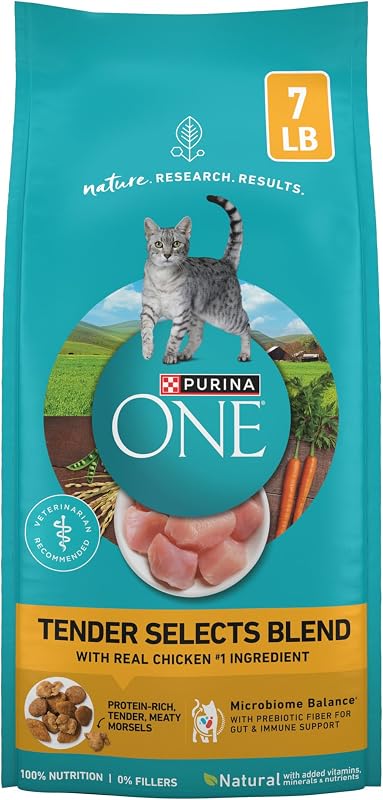 Purina ONE Tender Selects alimento seco para gatos, pollo, bolsa de 7 lb | Mezcla rica en proteínas elaborada con pollo real como ingrediente número uno y equilibrio del microbioma para el apoyo intestinal e inmunológico.