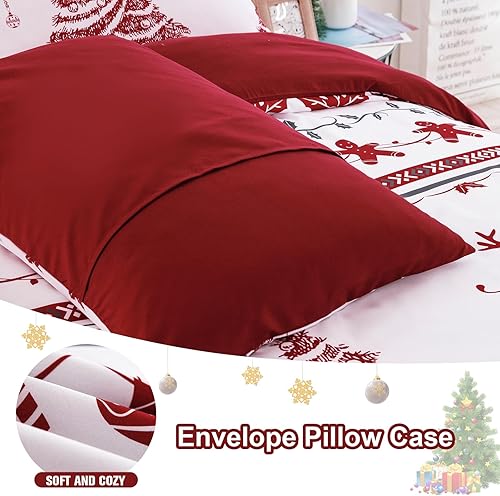Miniatura 6 de Luxudecor Juego de funda de edredón de Navidad, tamaño Queen, 3 piezas, funda de edredón de Yuletide roja, árbol de Navidad, patrón de invierno,