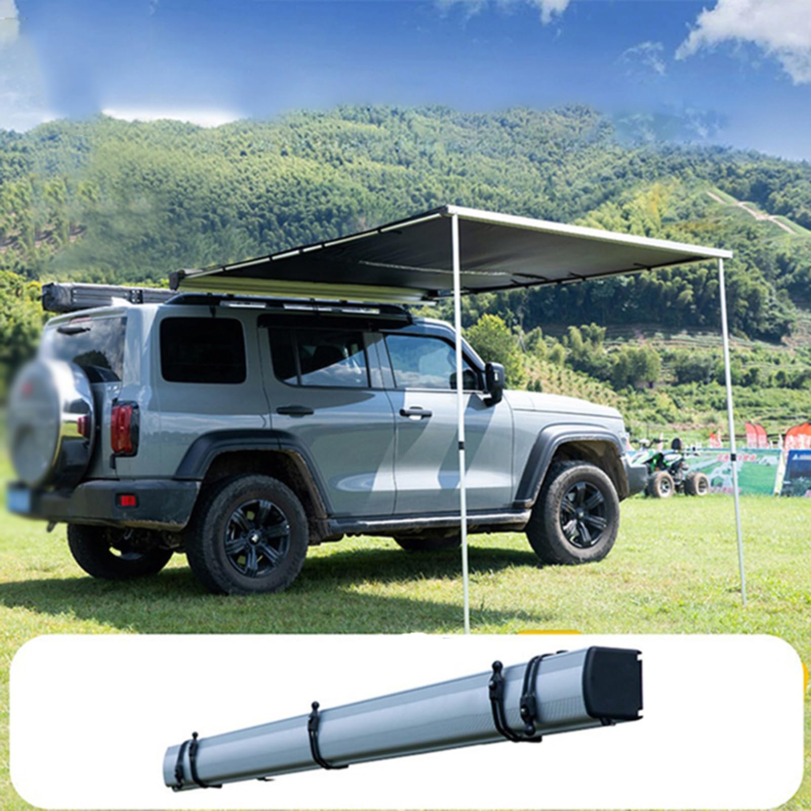 Markiza boczna samochodu, duża markiza zacieniająca do pojazdu, PU 2000 mm UV50+ wysuwana markiza samochodowa, regulacja wysokości, nadaje się do ciężarówek, SUV-ów, furgonetki, kamperów