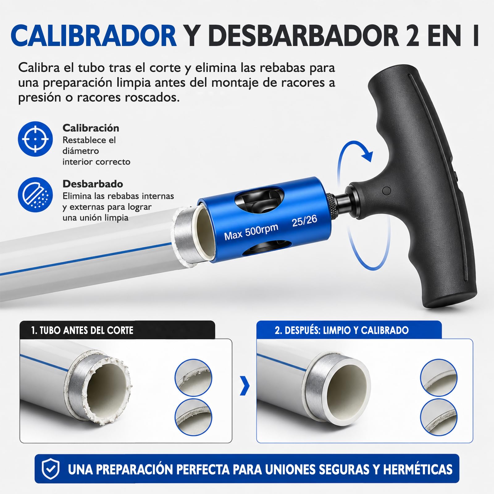 Kit Pro Escariador, Abocardador y Calibrador Multicapa Ø16-20-25/26-32 mm, Desbarbador para Taladro con 4 Cabezales, Mango y Maletín PEX PER
