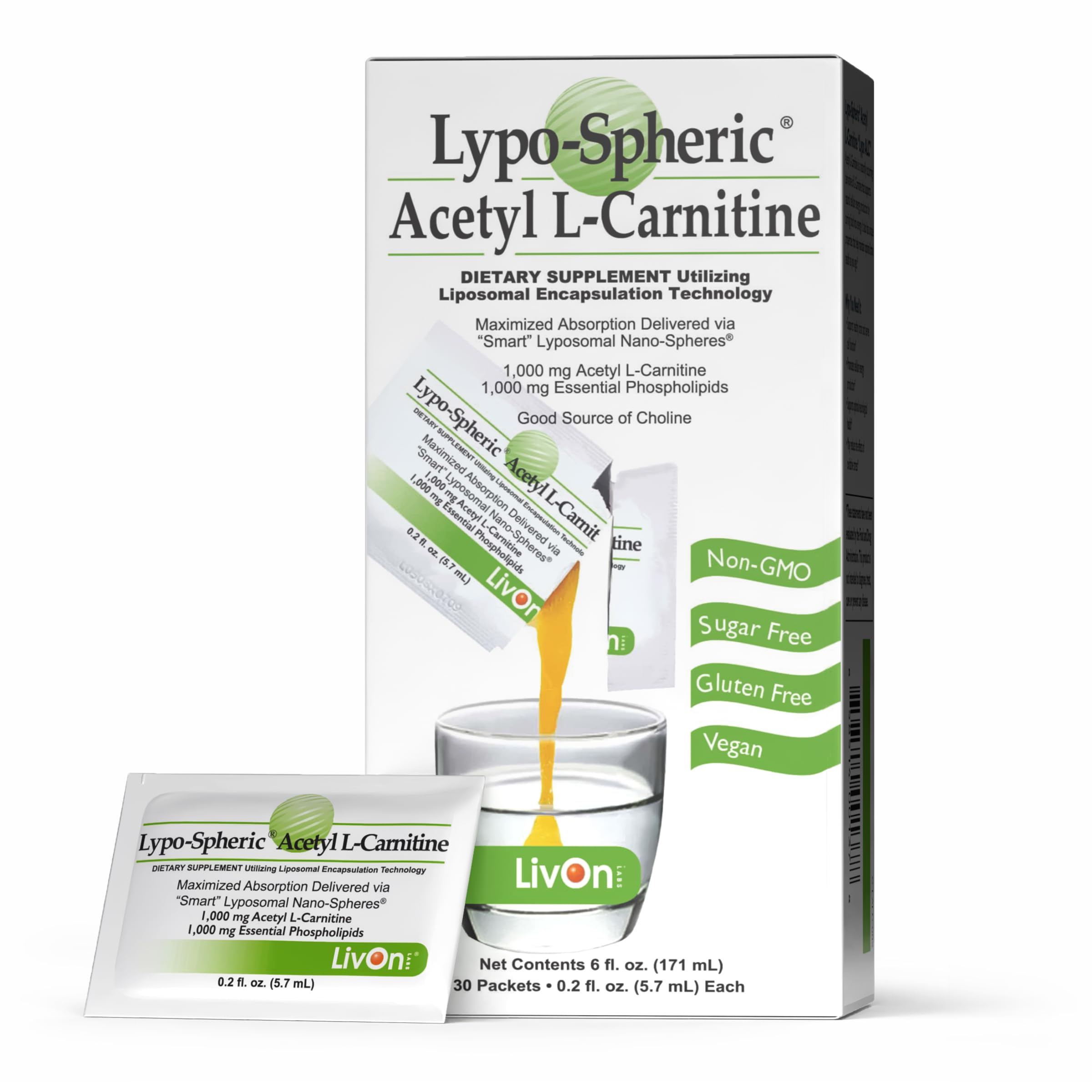 Lypo-Spheric Acetyl L-Carnitine – 1,000 mg Acetyl L-Carnitine & Essential Phospholipids Per Packet – Liposome Encapsulated for Maximum Bioavailability – 100% Non-GMO - (30 Individual Packets)