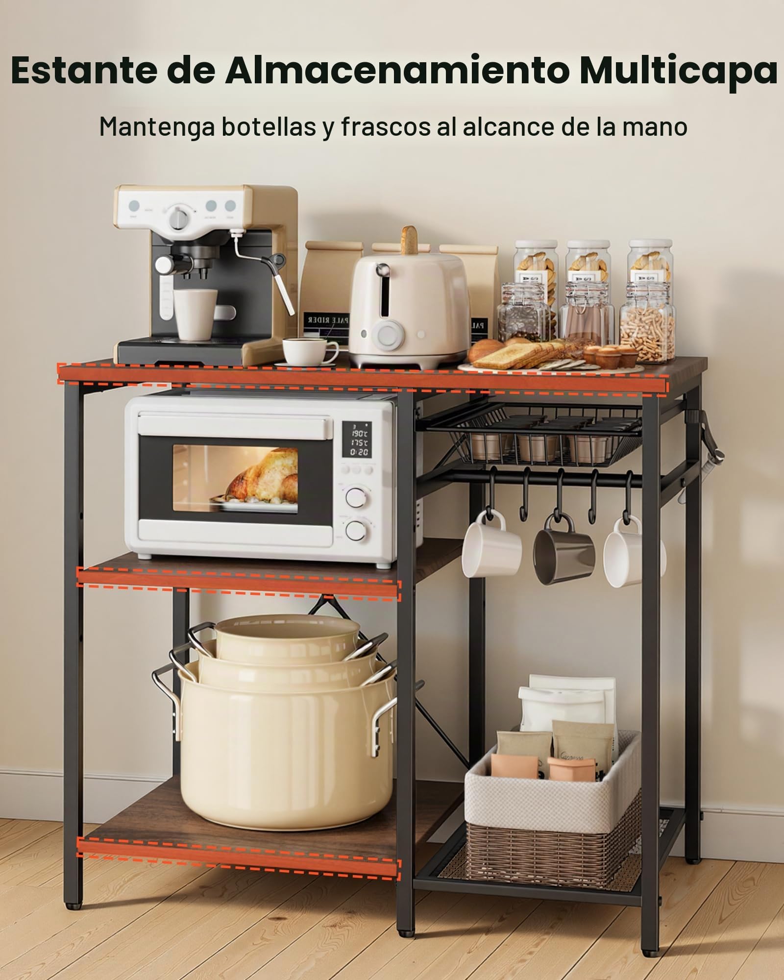 VEVOR Estante para Panaderos de Cocina de 3 Niveles, Estantería de Almacenamiento de Servicios 90 x 40 x 90 cm con 5 Ganchos, Carga del Superior de 30 kg, Estante con Soporte para Horno Microondas