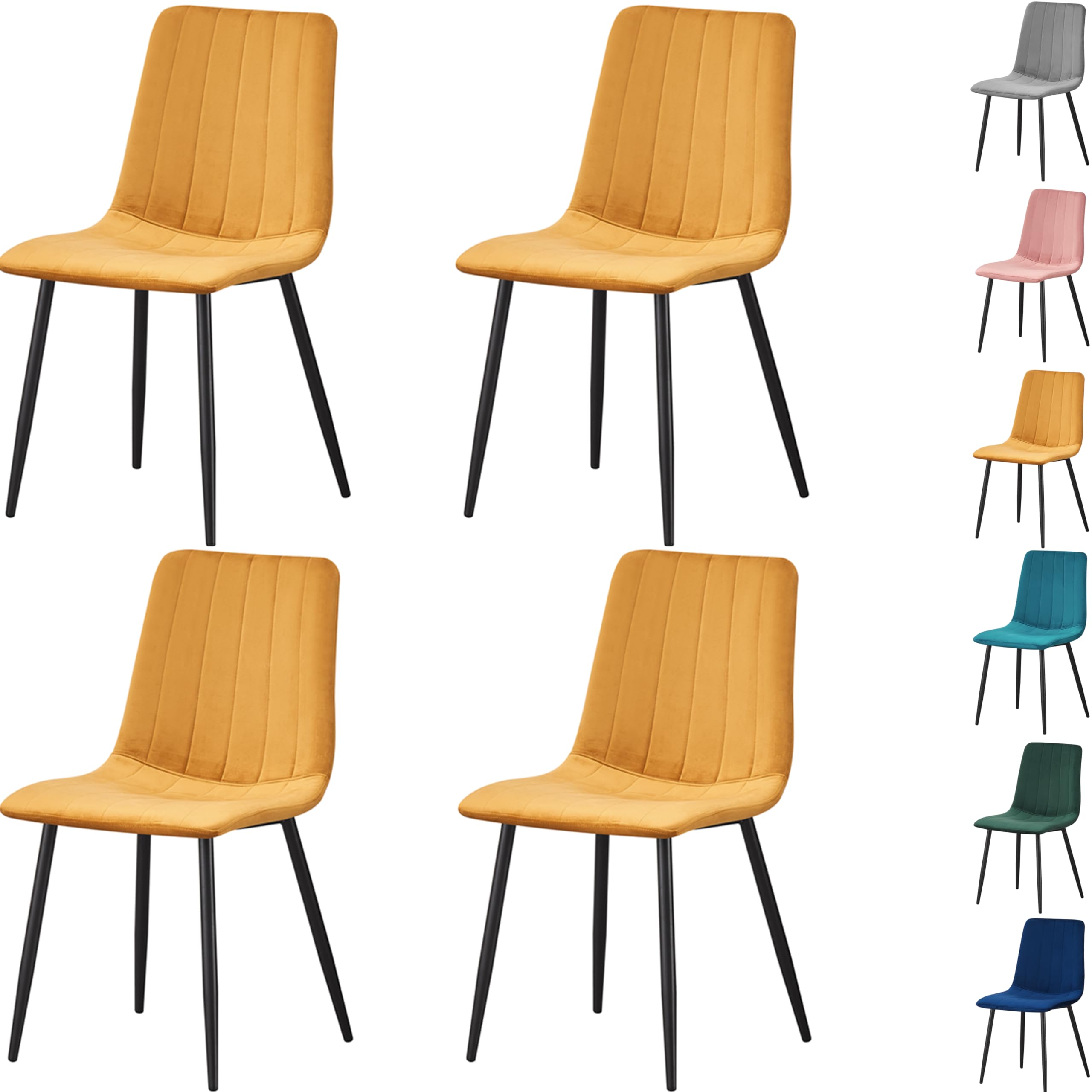 MOF Home Modern Velvet Dining Chairs, Set of 4, Velvet Tufted Upholstered Kitchen Chairs with Metal Legs, Multi-Color (STRIPE PATTERN, MUSTARD YELLOW)