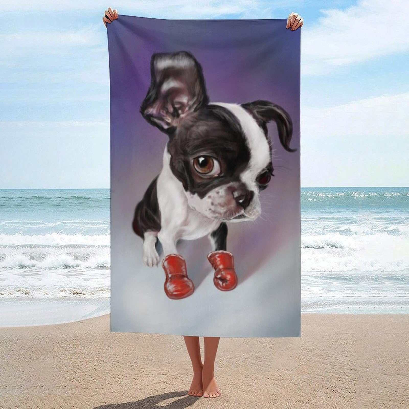 LWORZIIB Beach Towel, Boxing Boston Terrier Bath Towel, Absorbent Towel for Swimming, Sports, Travel