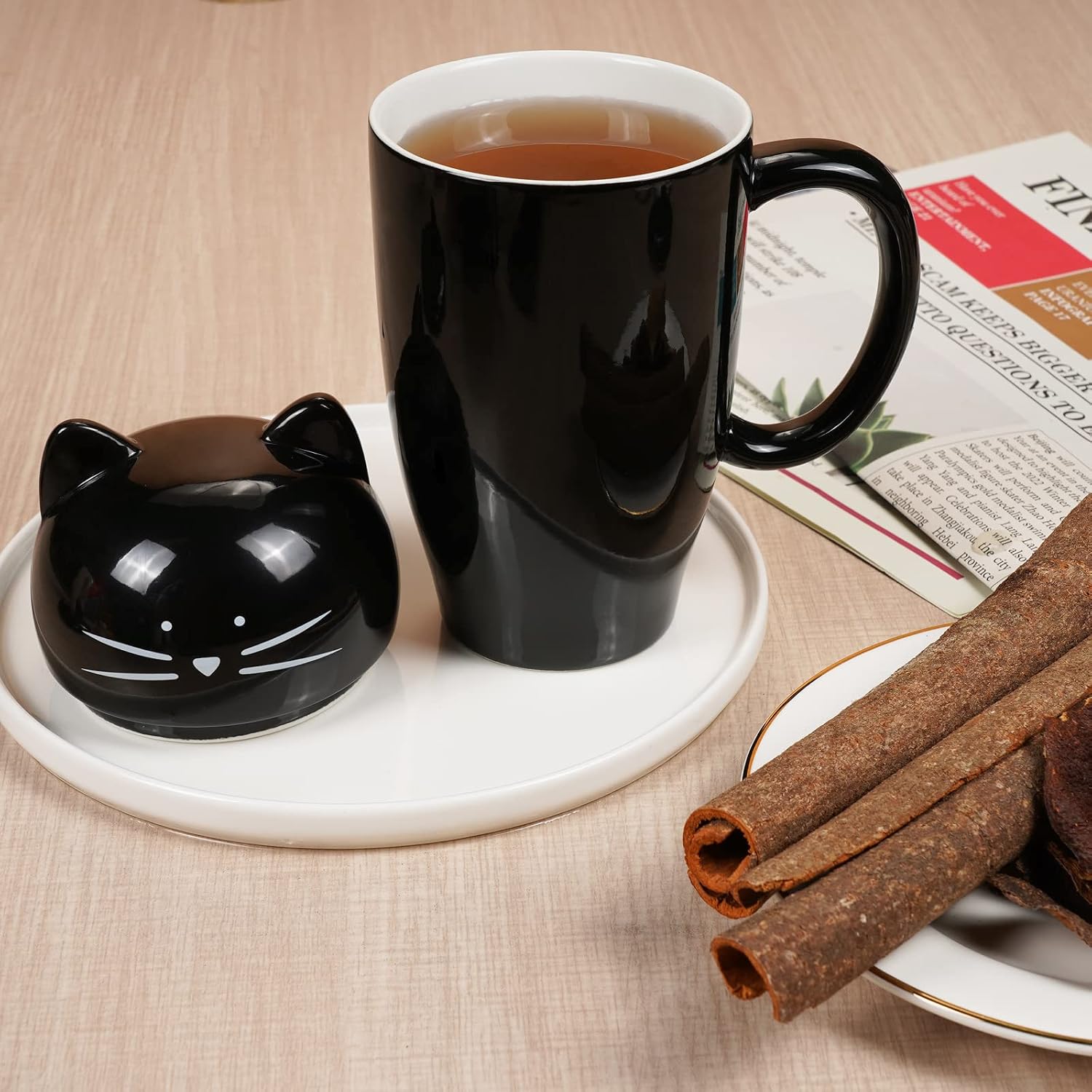 Koolkatkoo Cute Cat Coffee Mug with Lid Gift for Cat Lover Unique Ceramic Cup Porcelain Tea Mugs for Girls Women 15 oz Black