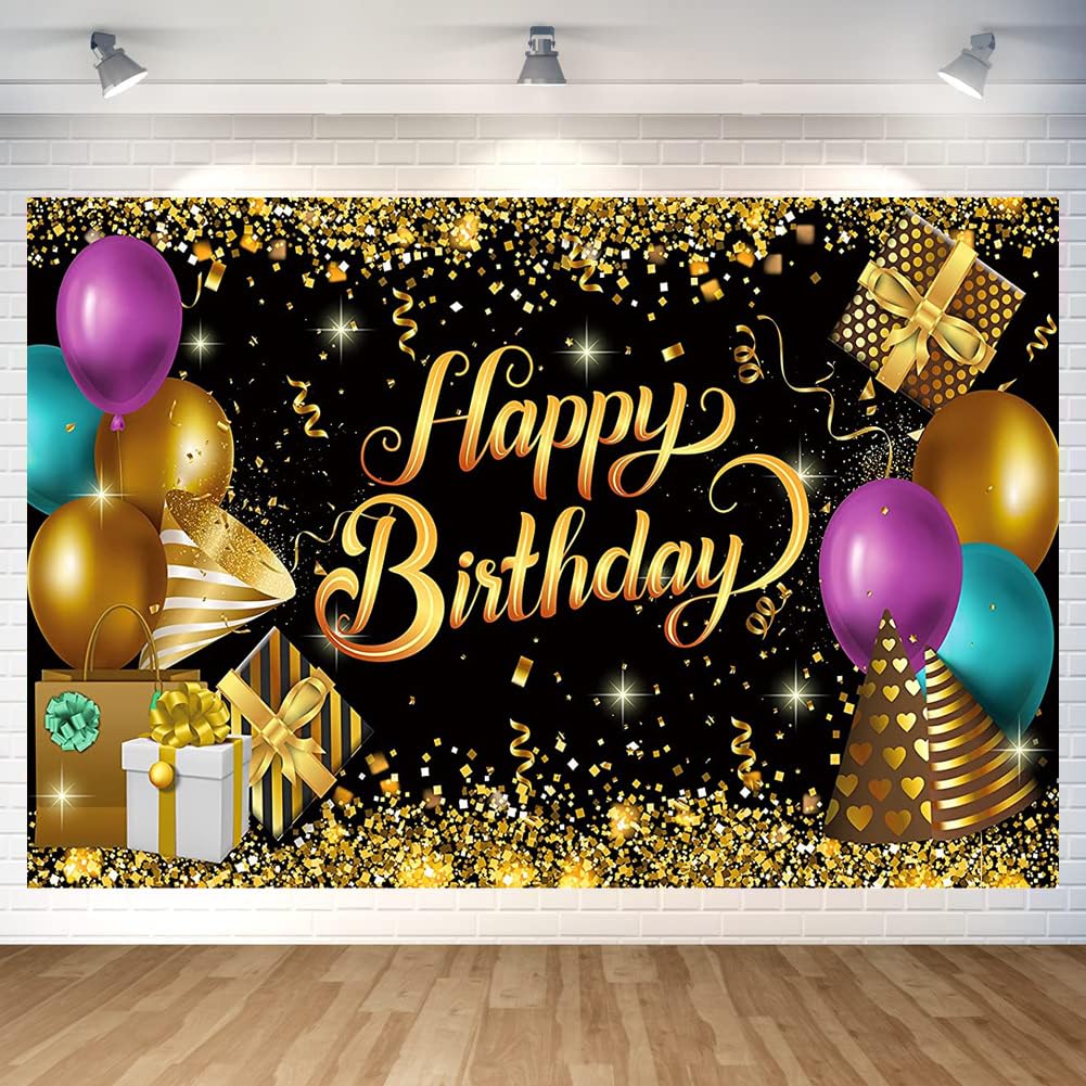 Black and Gold Birthday Party Backdrop Glitter Black Gold Balloon Happy Birthday Banner Luxurious Photography Background for Home Decorations Party