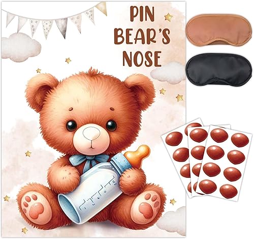 Miniatura 6 de Pin The Noses on The Bear - Juego de fiesta de oso de peluche, póster grande con 24 calcomanías de nariz para cumpleaños de niños, tema de baby