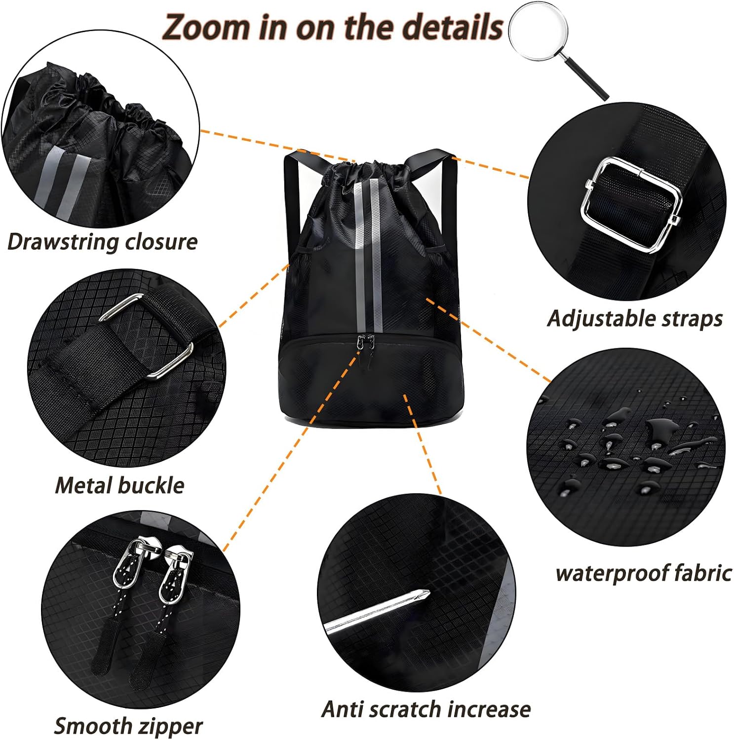 Drawstring Gym Sports Bag with Wet Dry Separation Shoes Compartment for Soccer, Basketball, Swim, Water-Resistant String Backpack Beach Cinch for Women Men (Black)