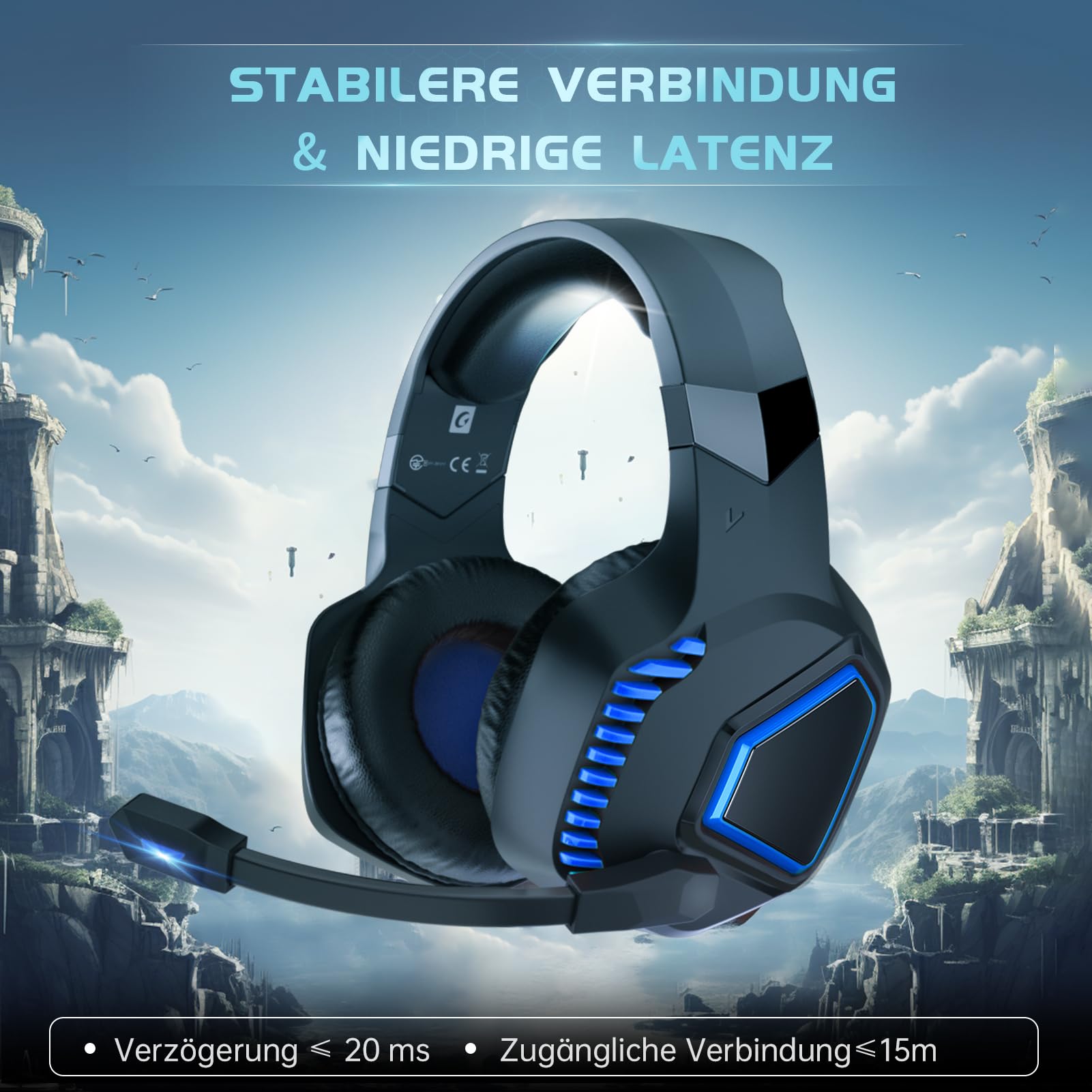 Wireless Gaming Headset, 2,4 GHz Gaming Kopfhörer Kabellos für PS5, PC, Switch, Mac, Noise Cancelling Headset mit Mikrofon, Bluetooth Headset mit Kabel 3.5mm für Xbox Series X