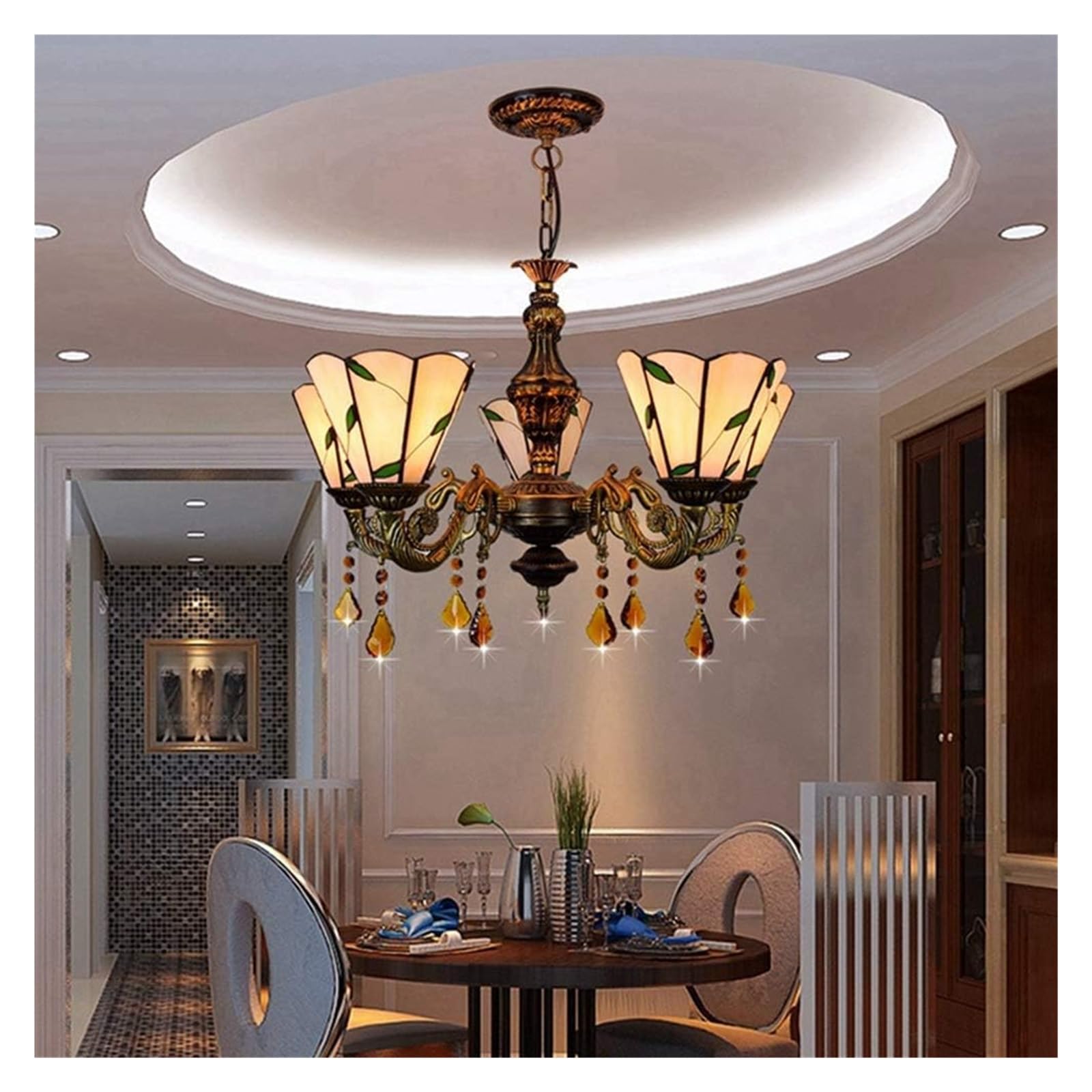 Lampa sufitowa, lampa wisząca sufitowa, 24" 5 głowic, żyrandol Tiffany, wielokolorowa, szklana lampa wisząca, restauracja, kawiarnia, bar, Li